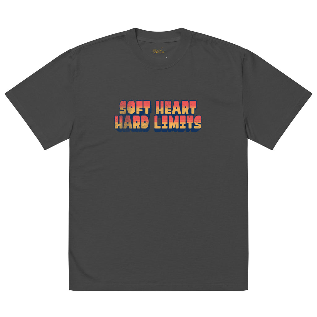 Black t-shirt with colorful text 'SOFT HEART HARD LIMITS' on a white background