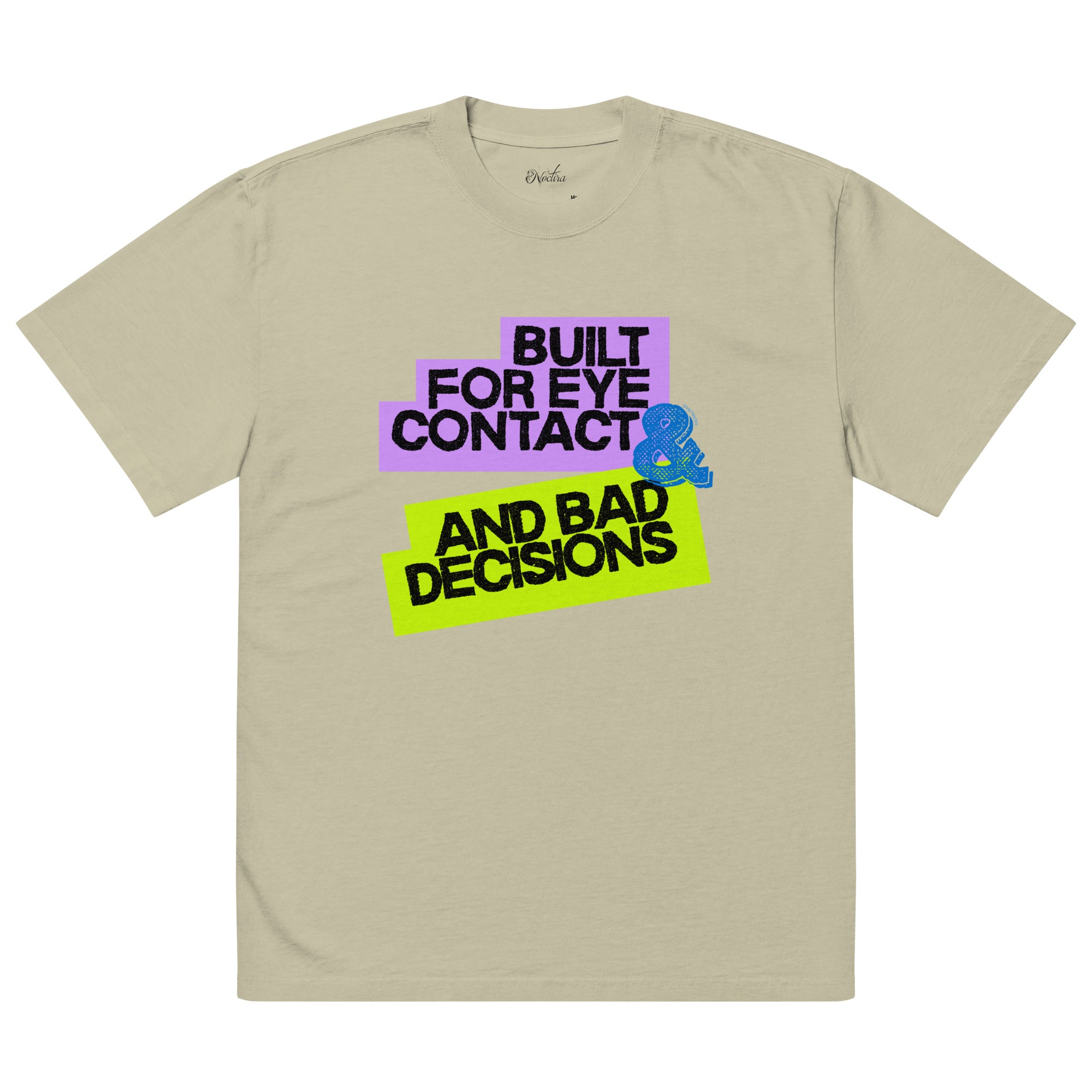 Beige t-shirt with colorful text and graphic on a white background
