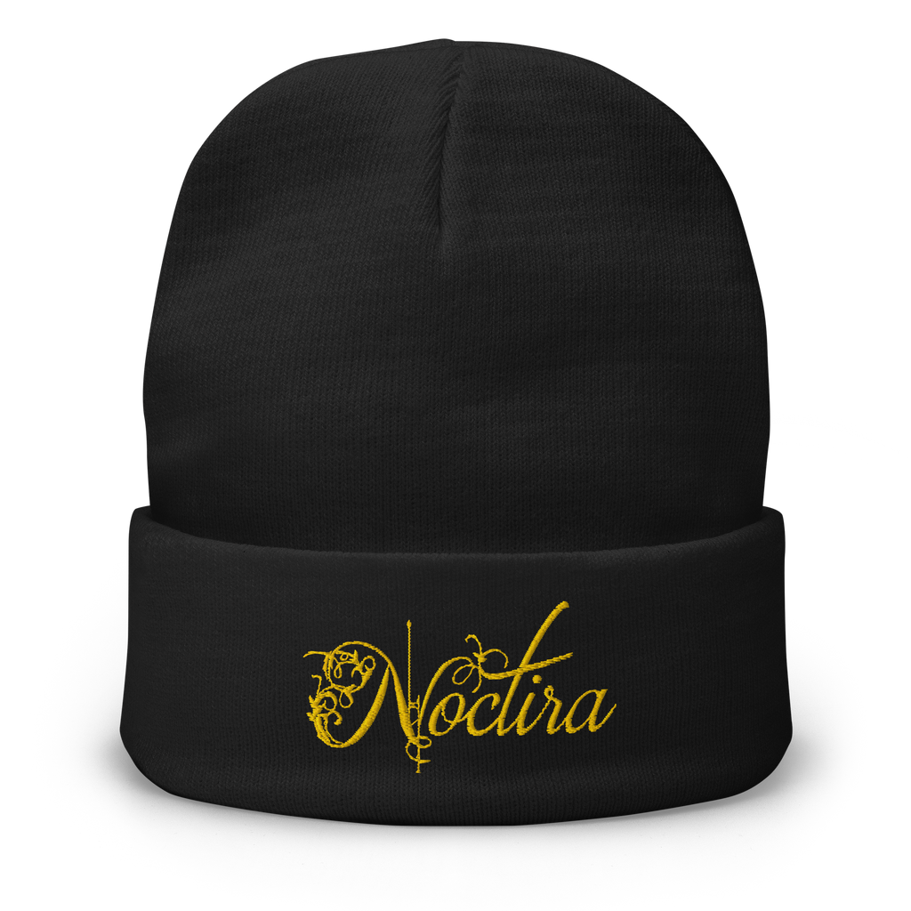 Black beanie with yellow 'Noctira' logo on a white background