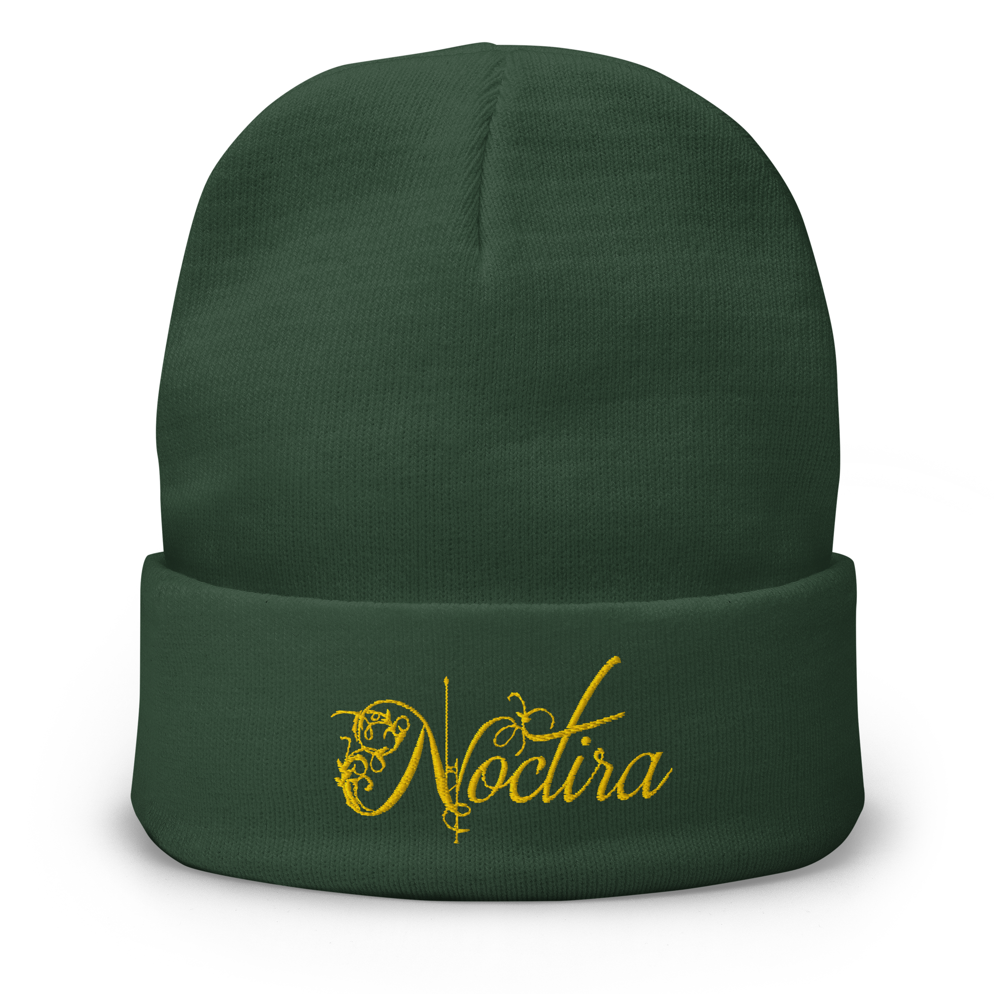 Green beanie with 'Noctira' logo in yellow on a white background