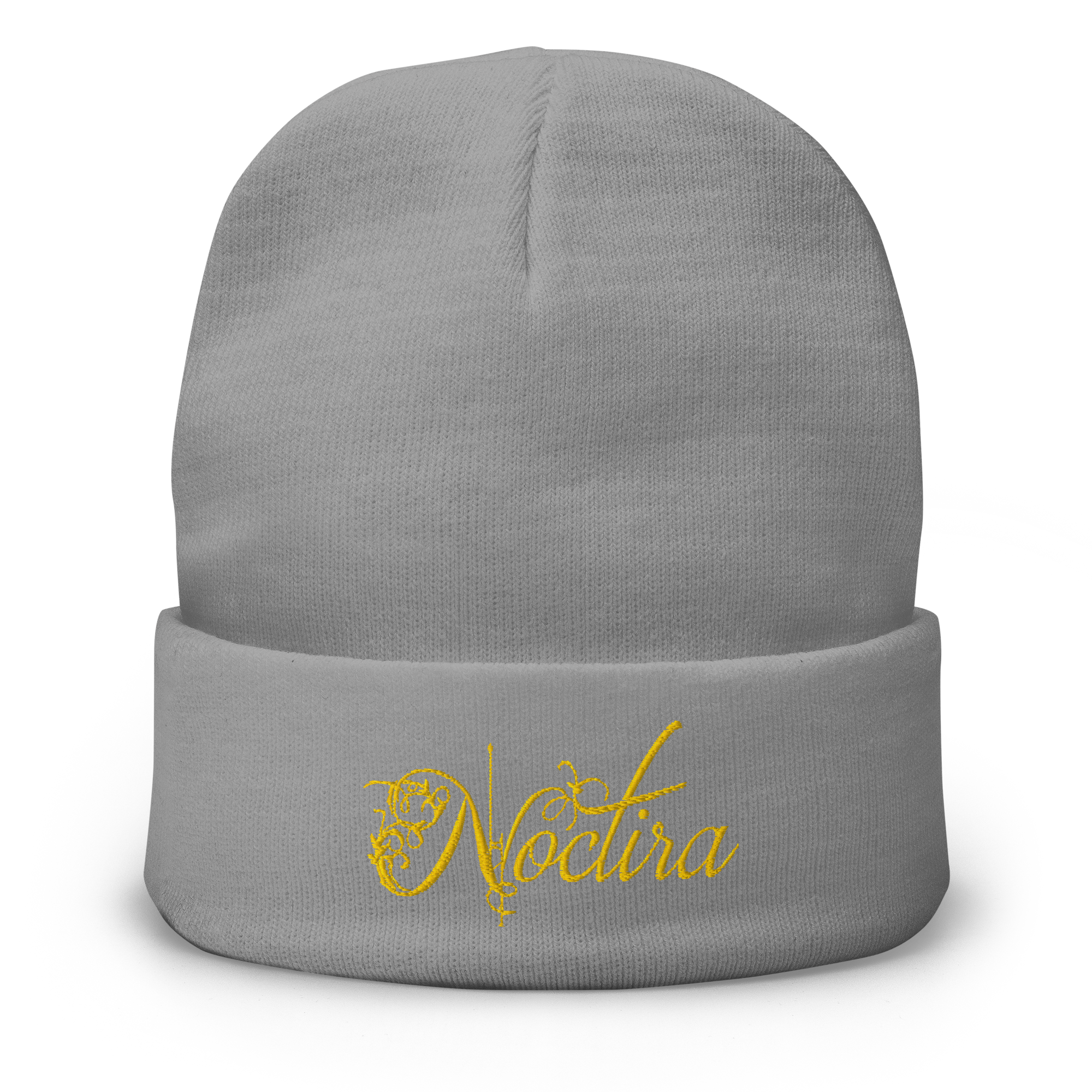 Gray beanie with yellow 'Noctira' logo on a white background