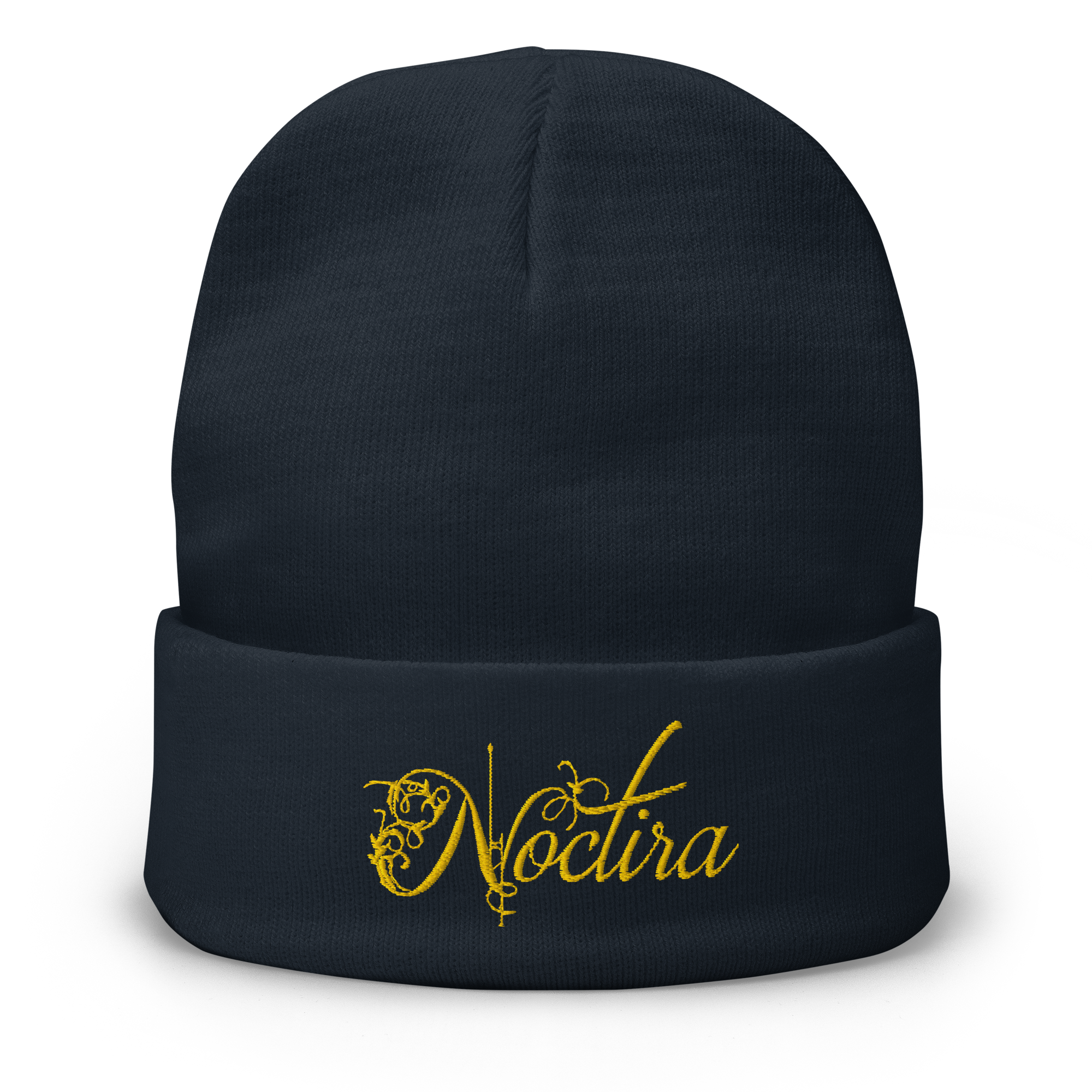 Black beanie with 'Noctira' logo in gold on a white background
