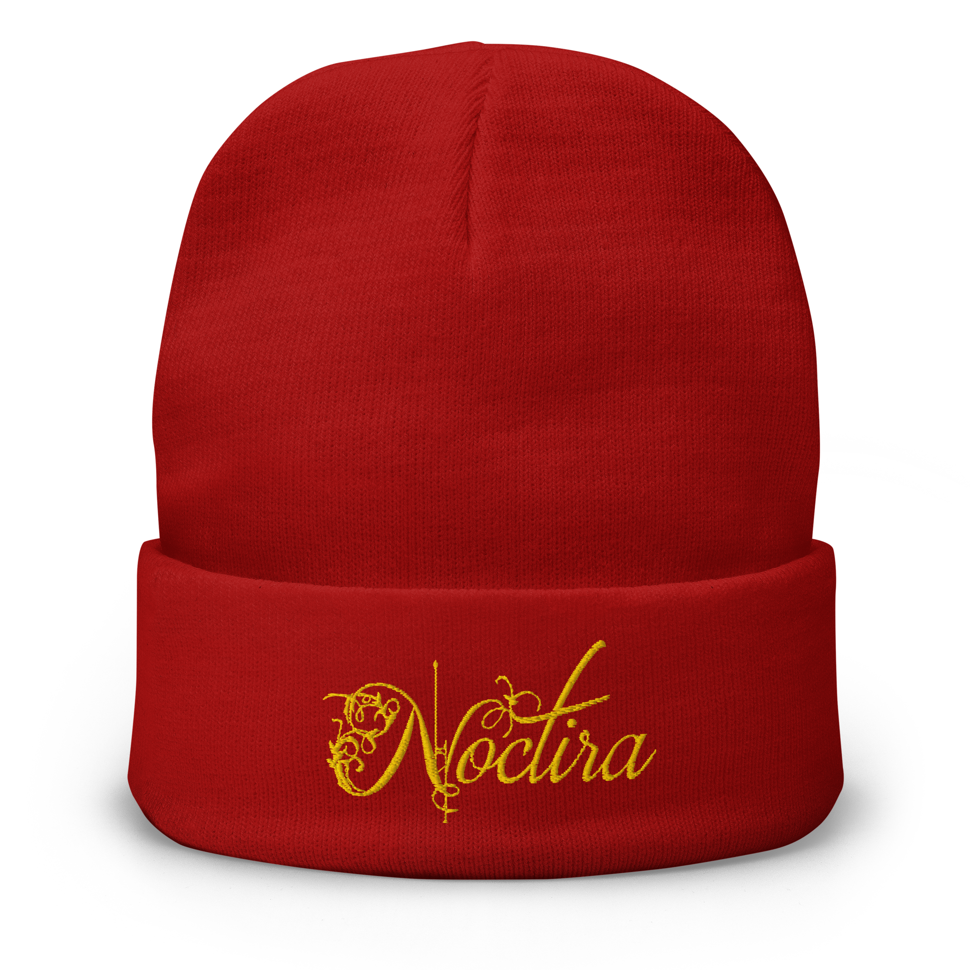 Red beanie with 'Noctira' embroidered in yellow on a white background