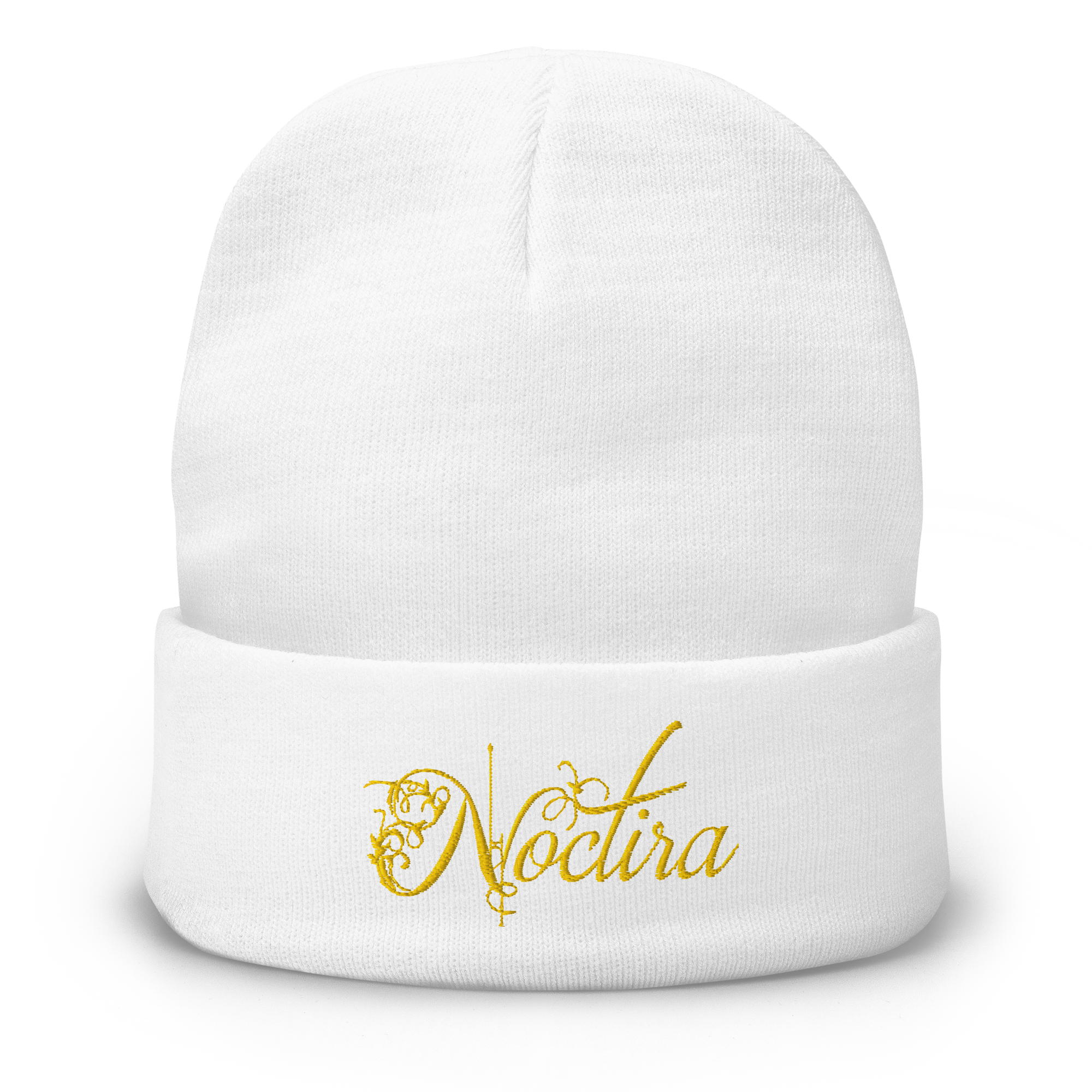 White beanie with gold 'Noctira' embroidery on a white background