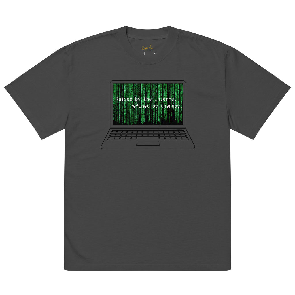 Dark gray t-shirt with a graphic of a laptop displaying text and a keyboard, on a white background.