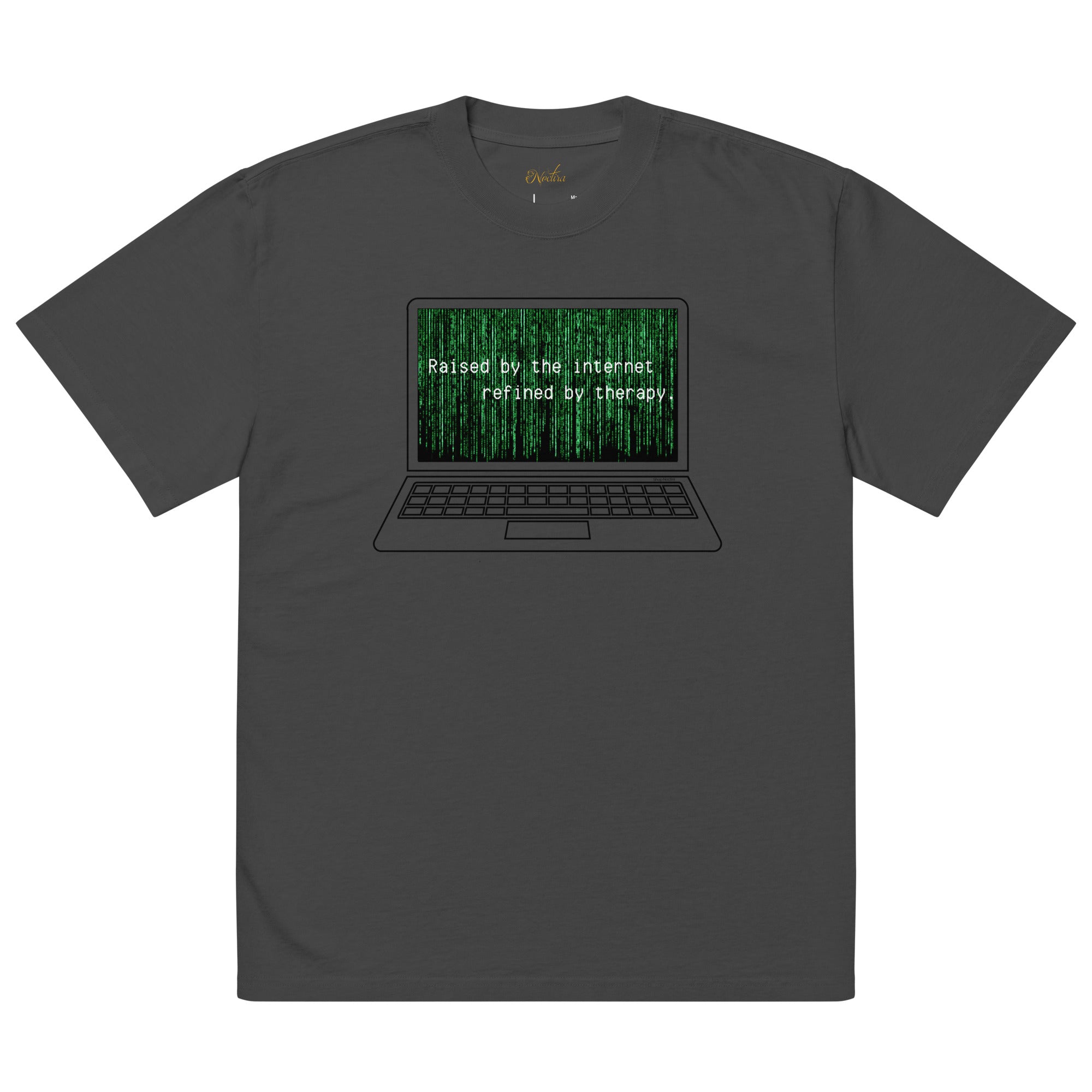 Dark gray t-shirt with a graphic of a laptop displaying text and a keyboard, on a white background.