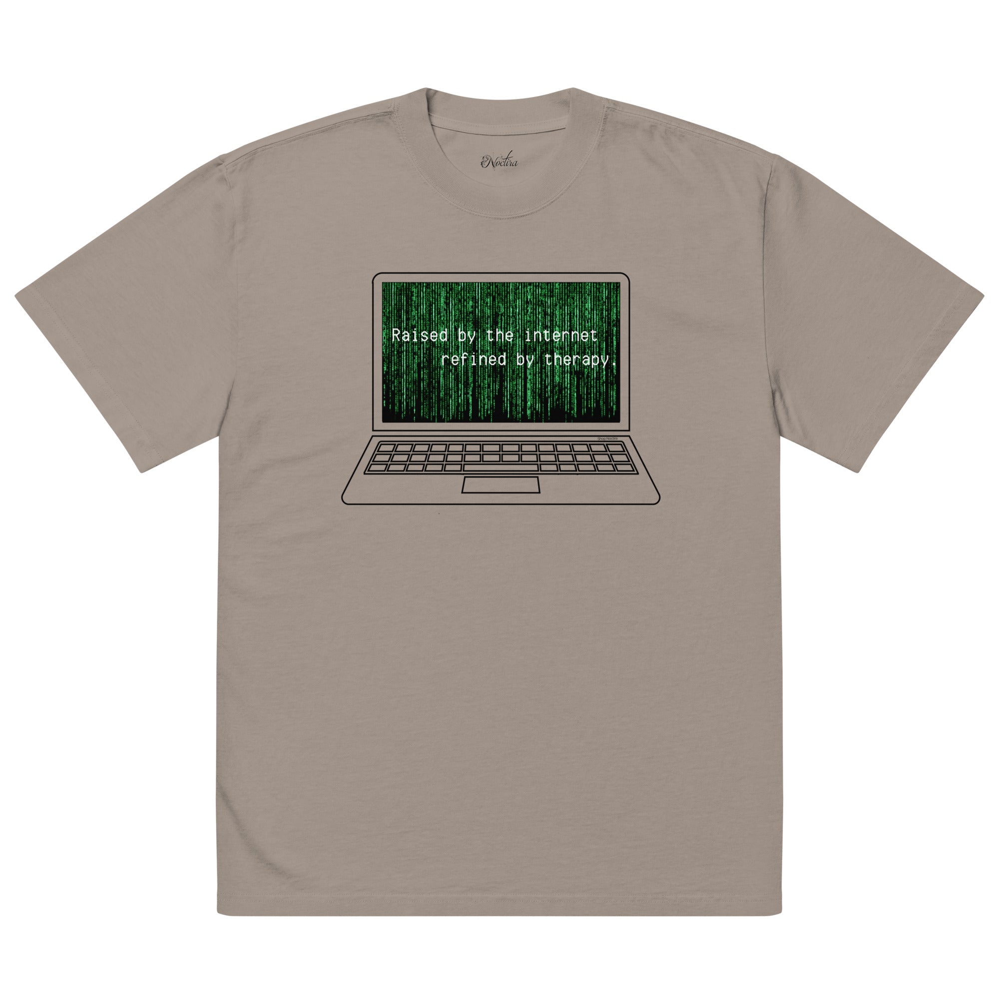 Beige t-shirt with a graphic of a laptop and text on a white background