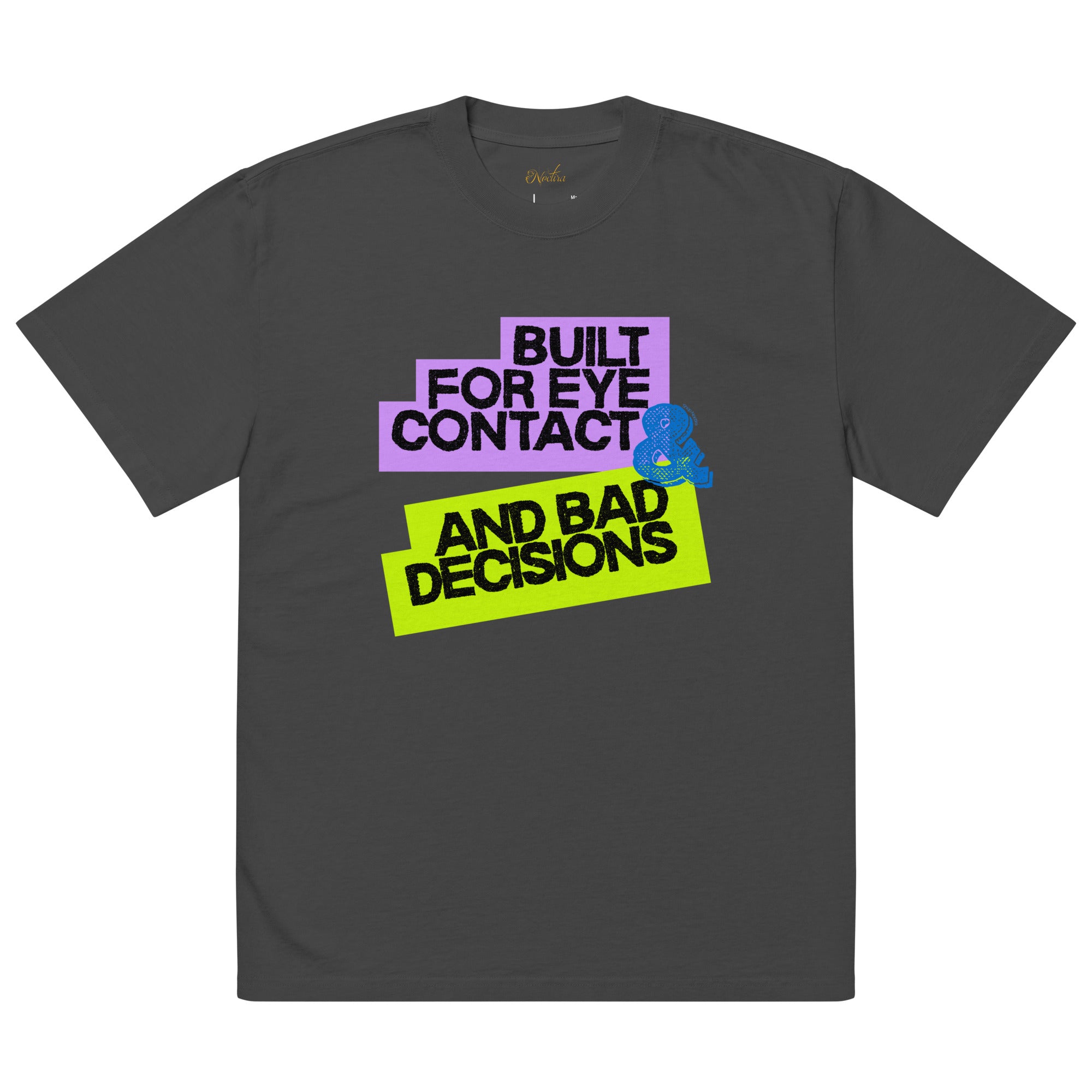 Gray t-shirt with colorful text and graphic on a white background