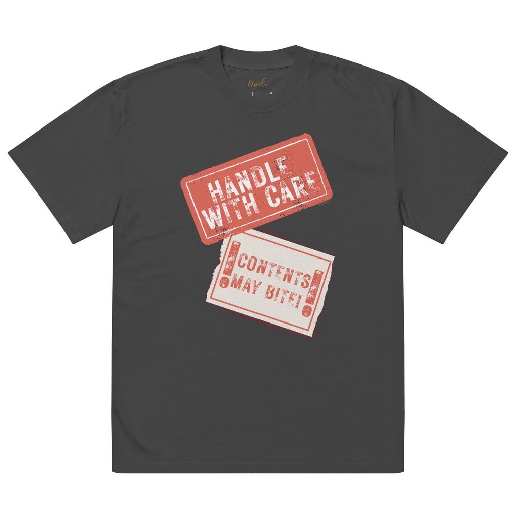 Black t-shirt with red and white graphic text 'HANDLE WITH CARE' and 'CONTENTS MAY BITE!' on a white background