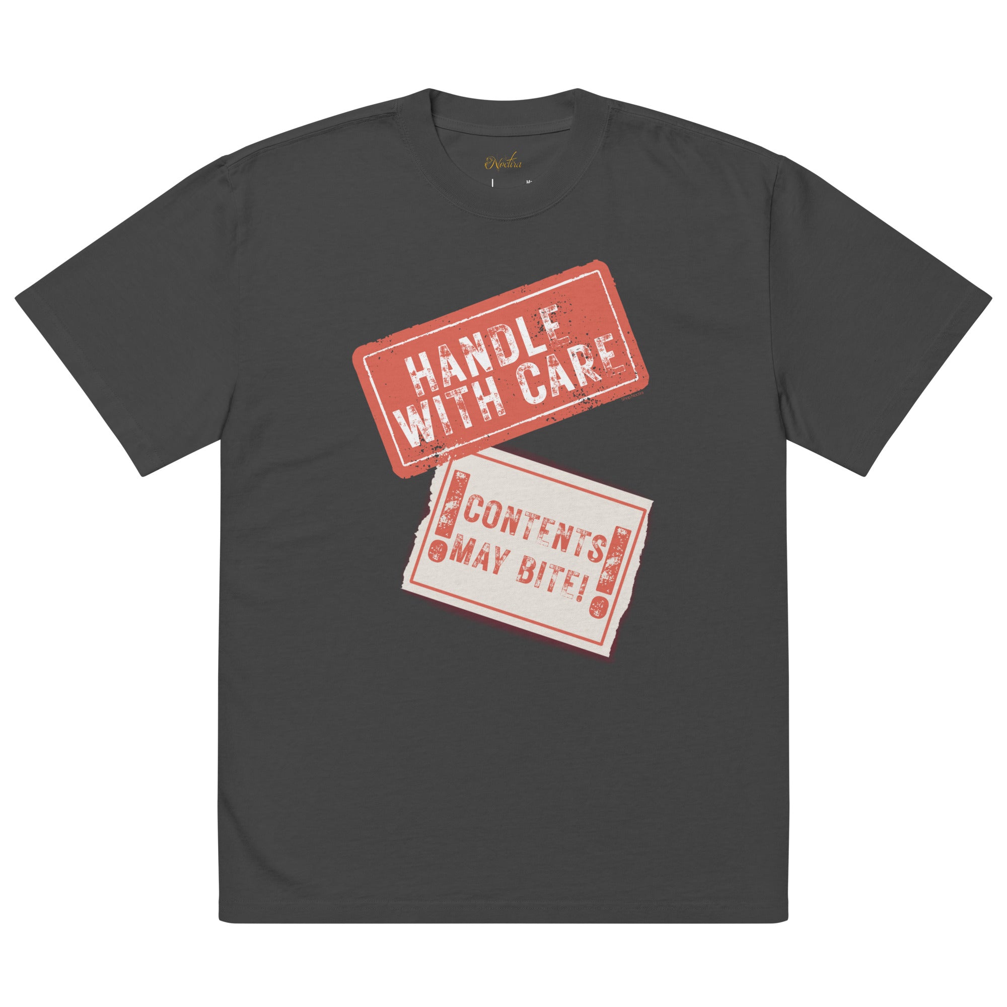 Black t-shirt with red and white graphic text 'HANDLE WITH CARE' and 'CONTENTS MAY BITE!' on a white background