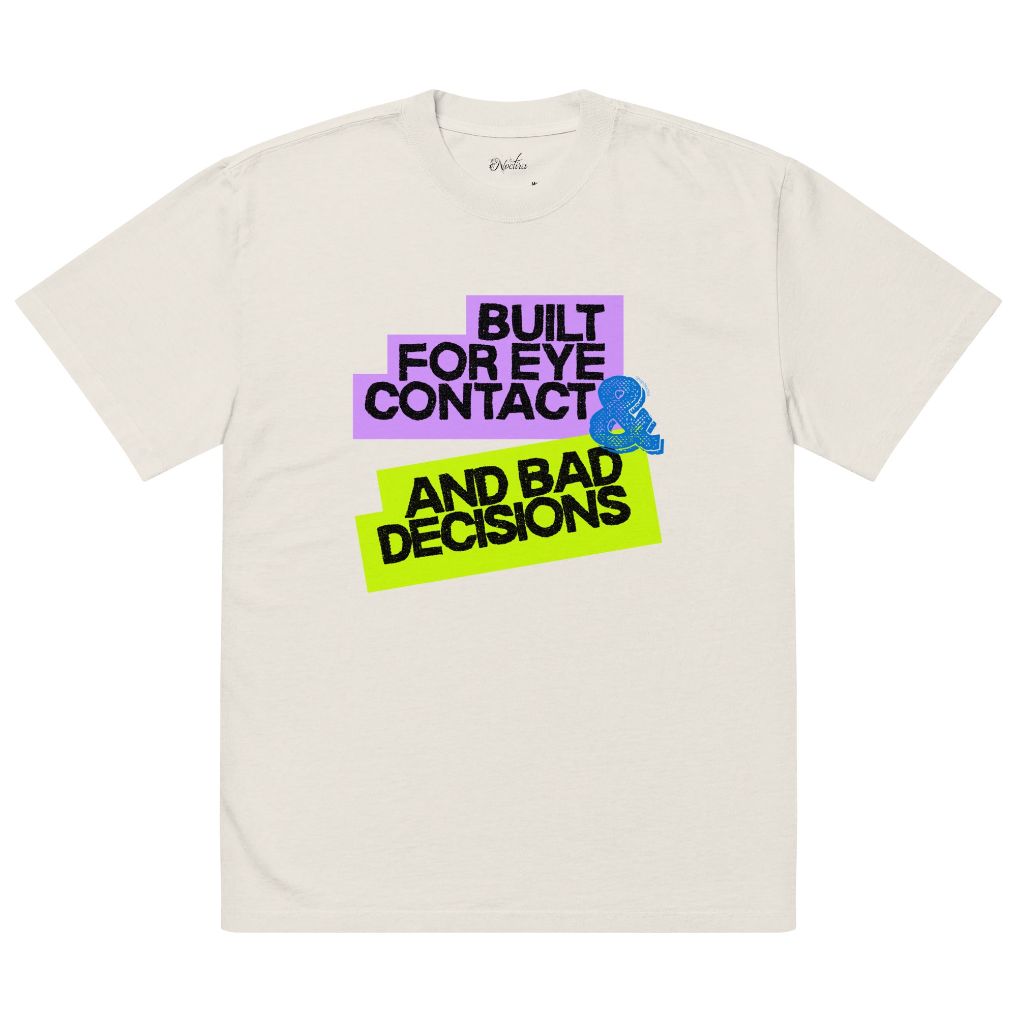 White t-shirt with colorful text and graphic design on a white background