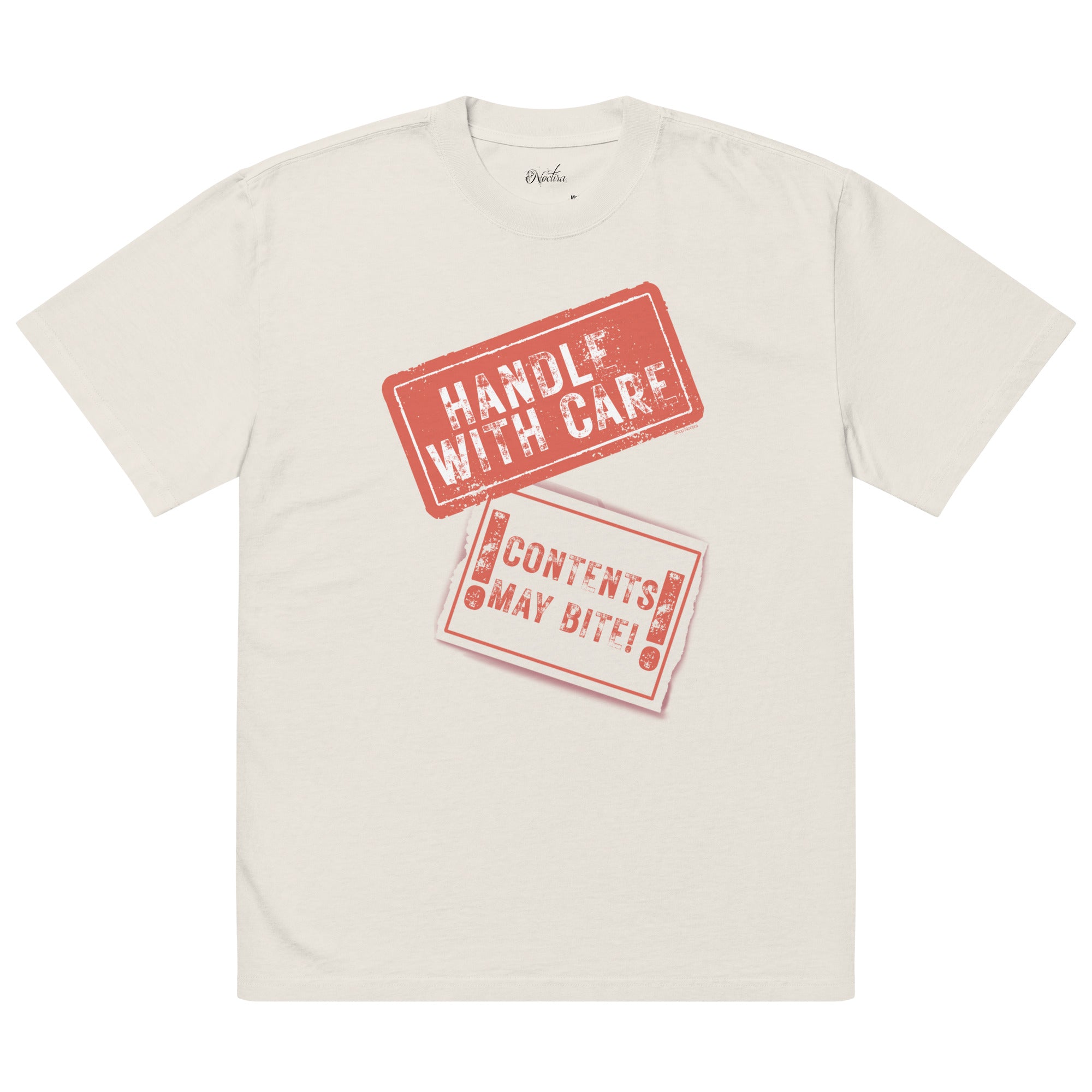 White t-shirt with red text graphics on a white background