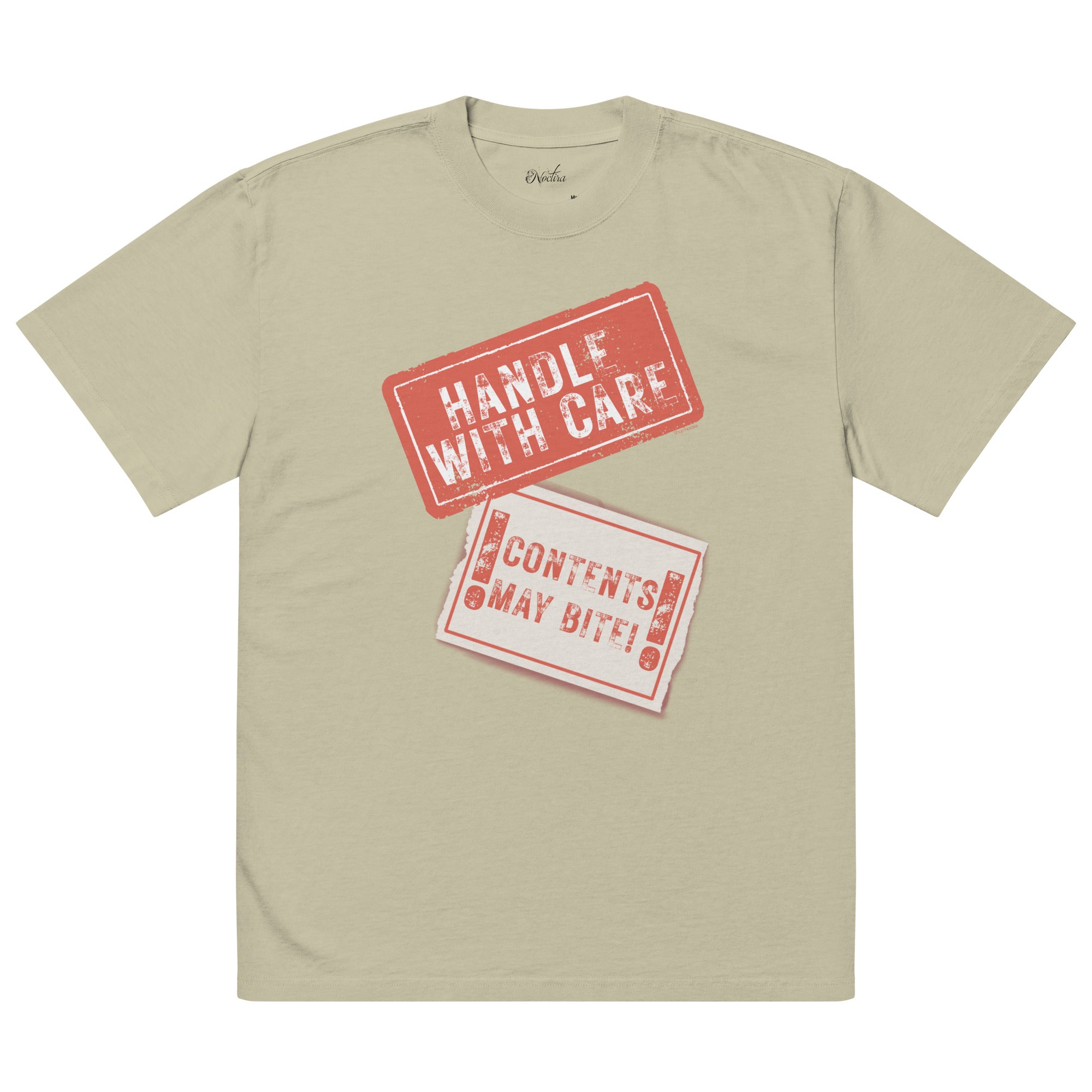 Beige t-shirt with red and white text graphics on a white background