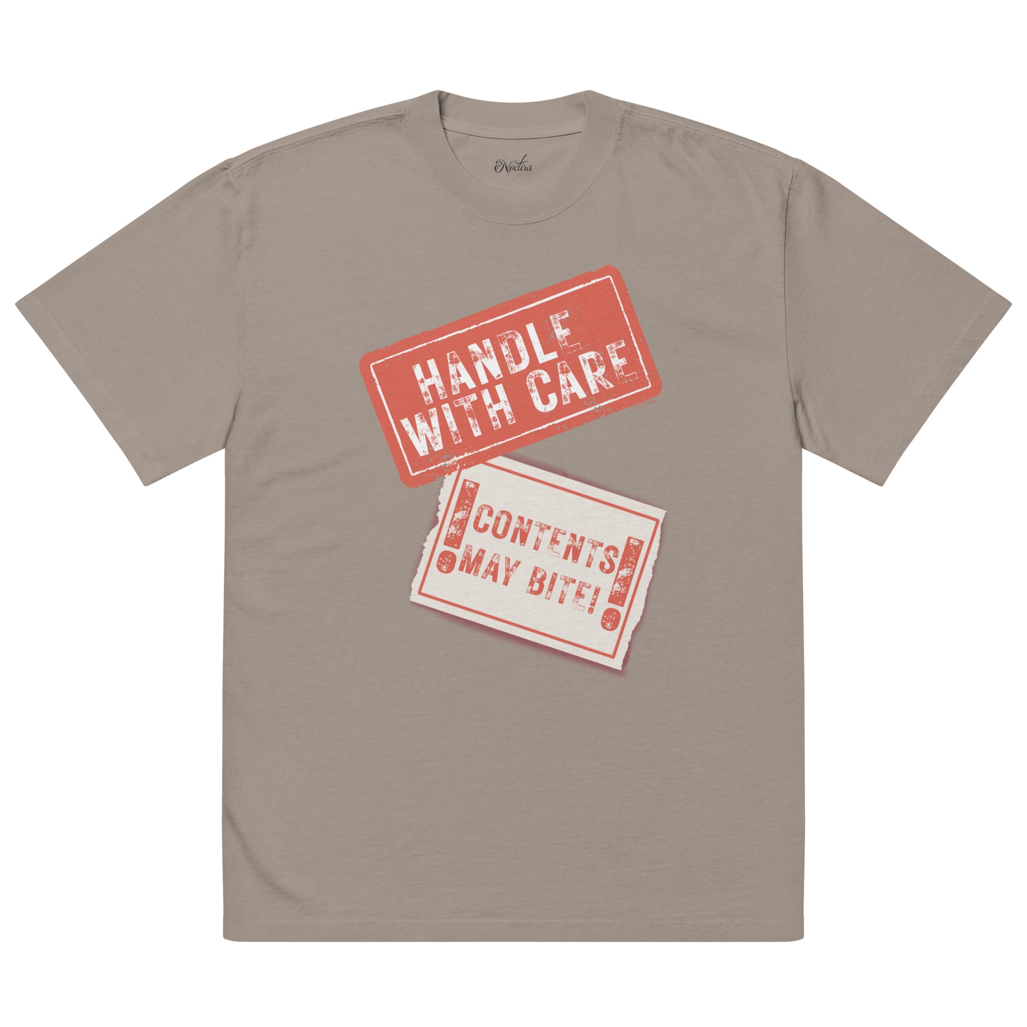 Brown t-shirt with red and white graphic text 'HANDLE WITH CARE' and 'CONTENTS MAY BITE!' on a white background