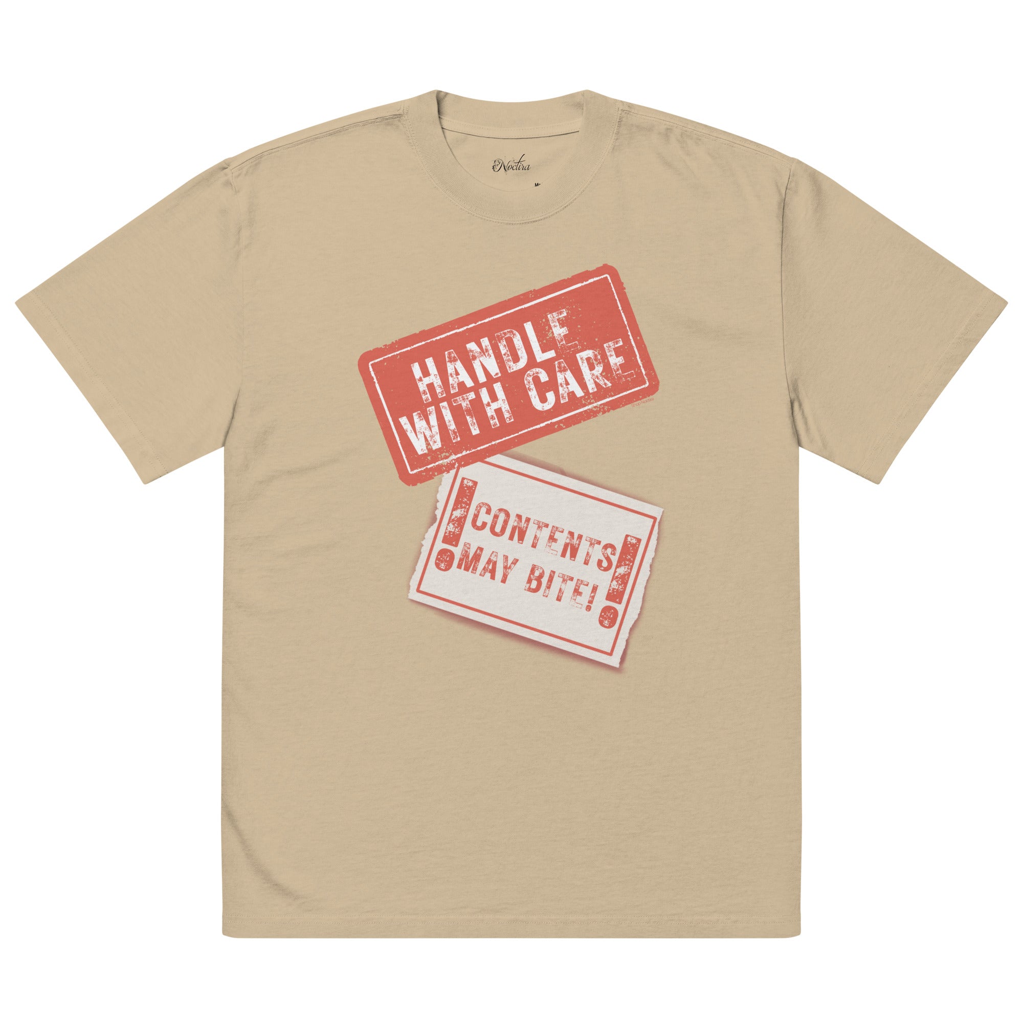 Beige t-shirt with red and white graphic text 'HANDLE WITH CARE' and 'CONTENTS MAY BITE!' on a beige background