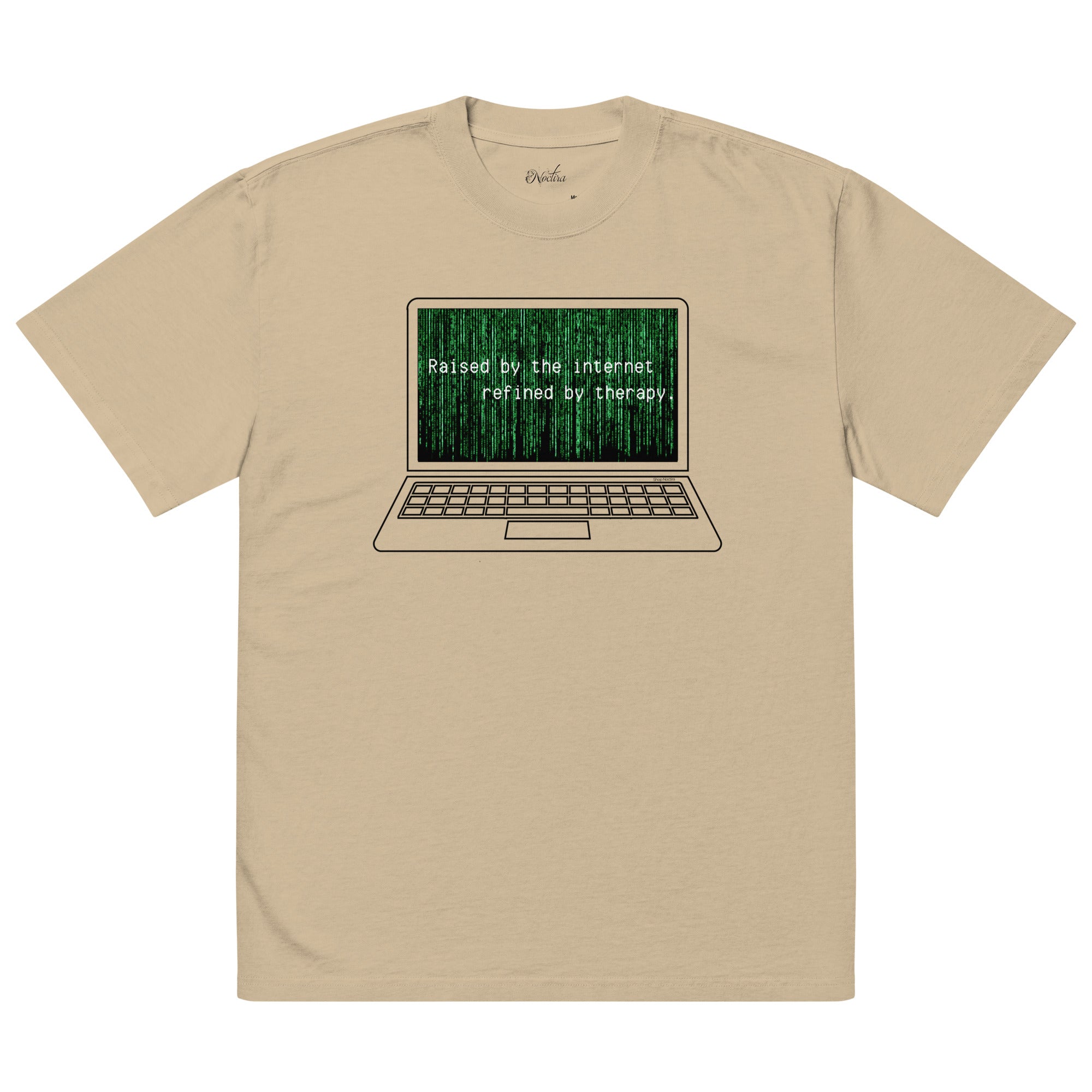Beige t-shirt with a graphic of a laptop and text on a white background