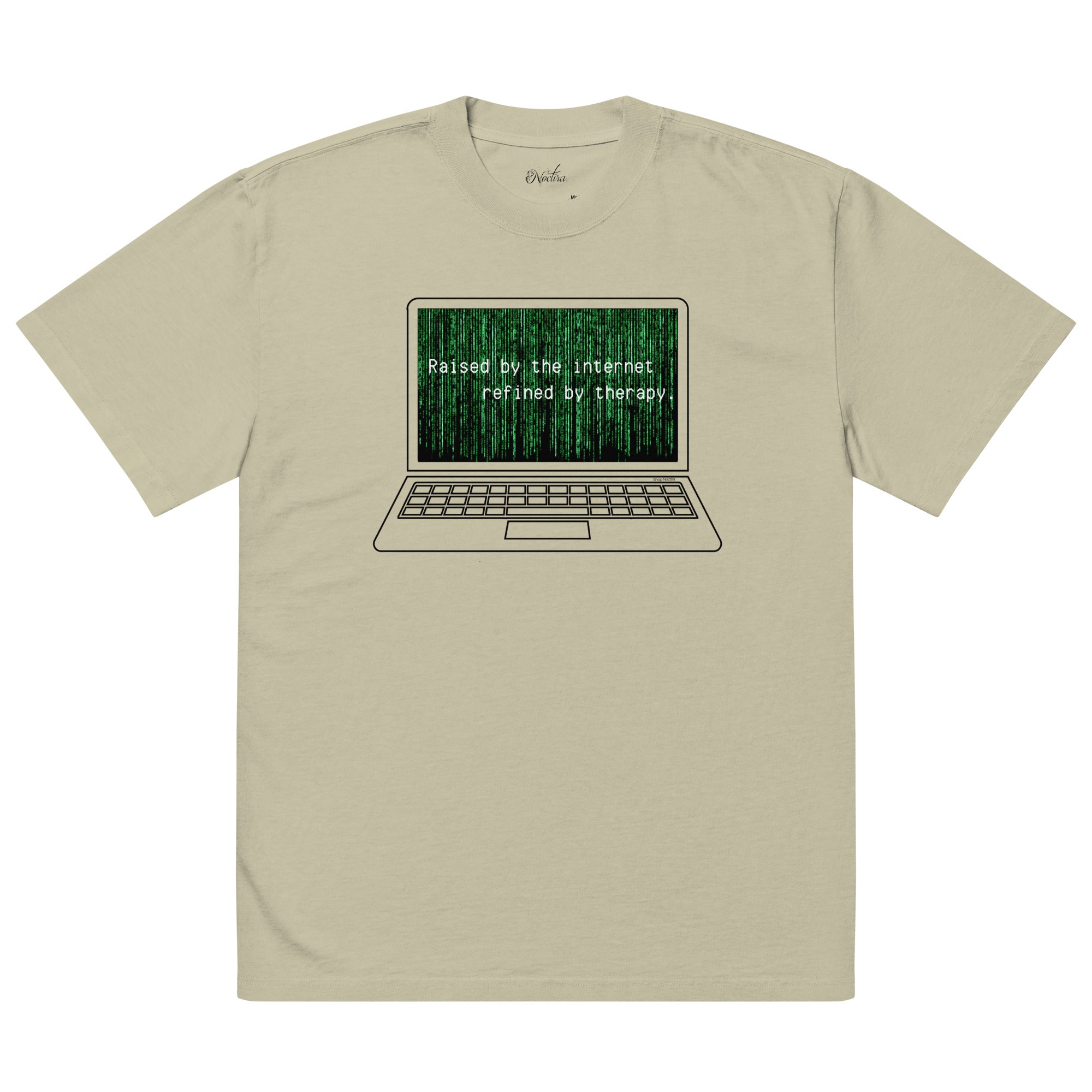 Beige t-shirt with a graphic of a laptop and text on a white background