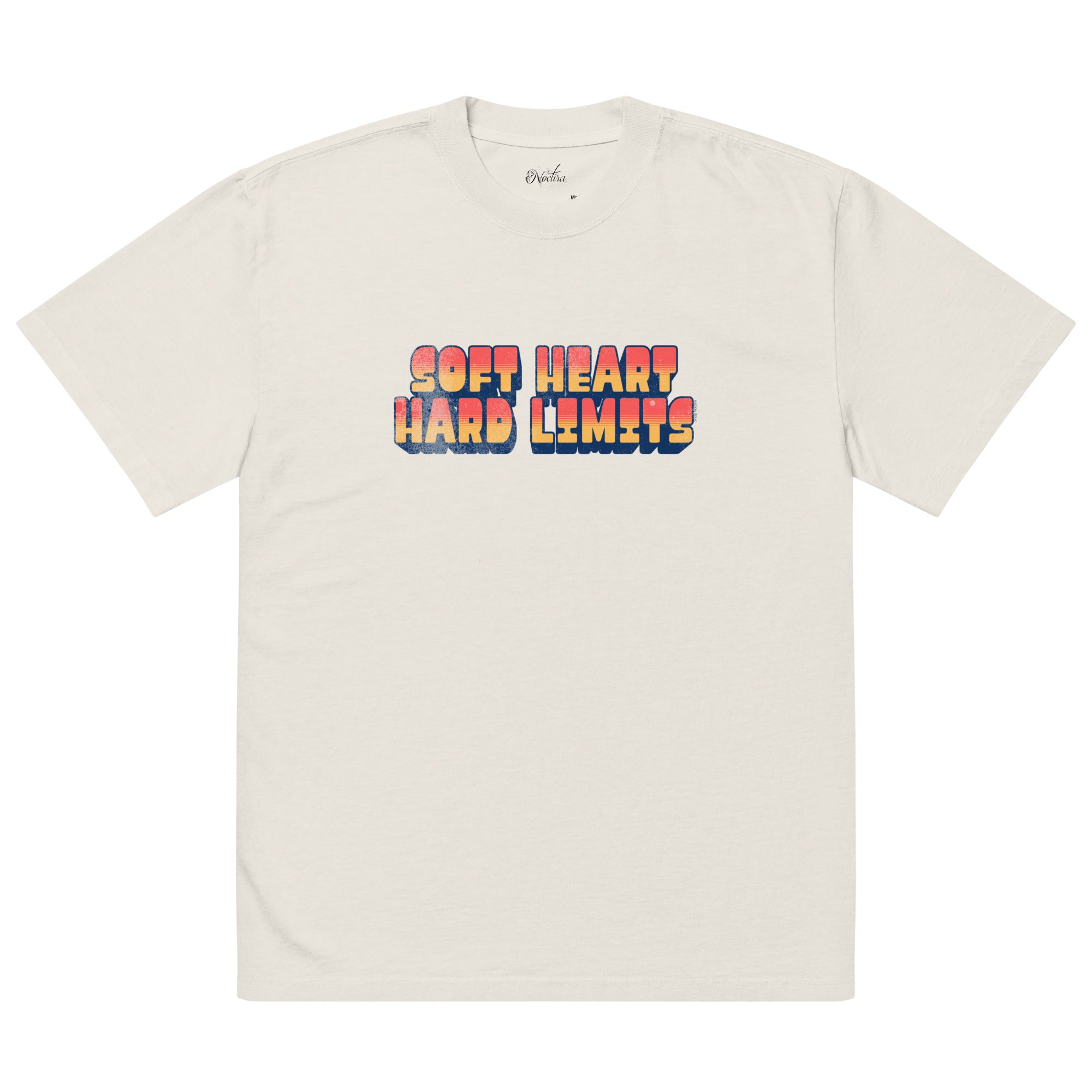 White t-shirt with colorful text 'SOFT HEART HARD LEMMENTS' on a white background