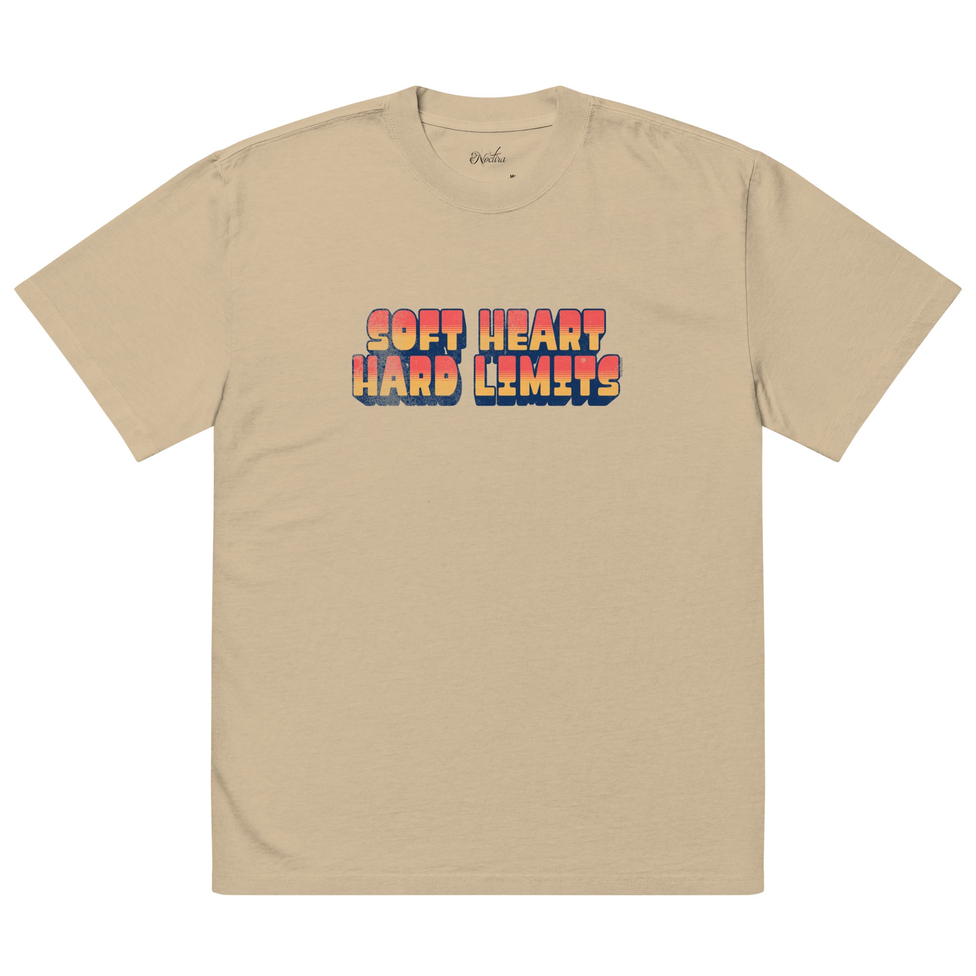Beige t-shirt with colorful text 'SOFT HEART HARD LIMETS' on a white background