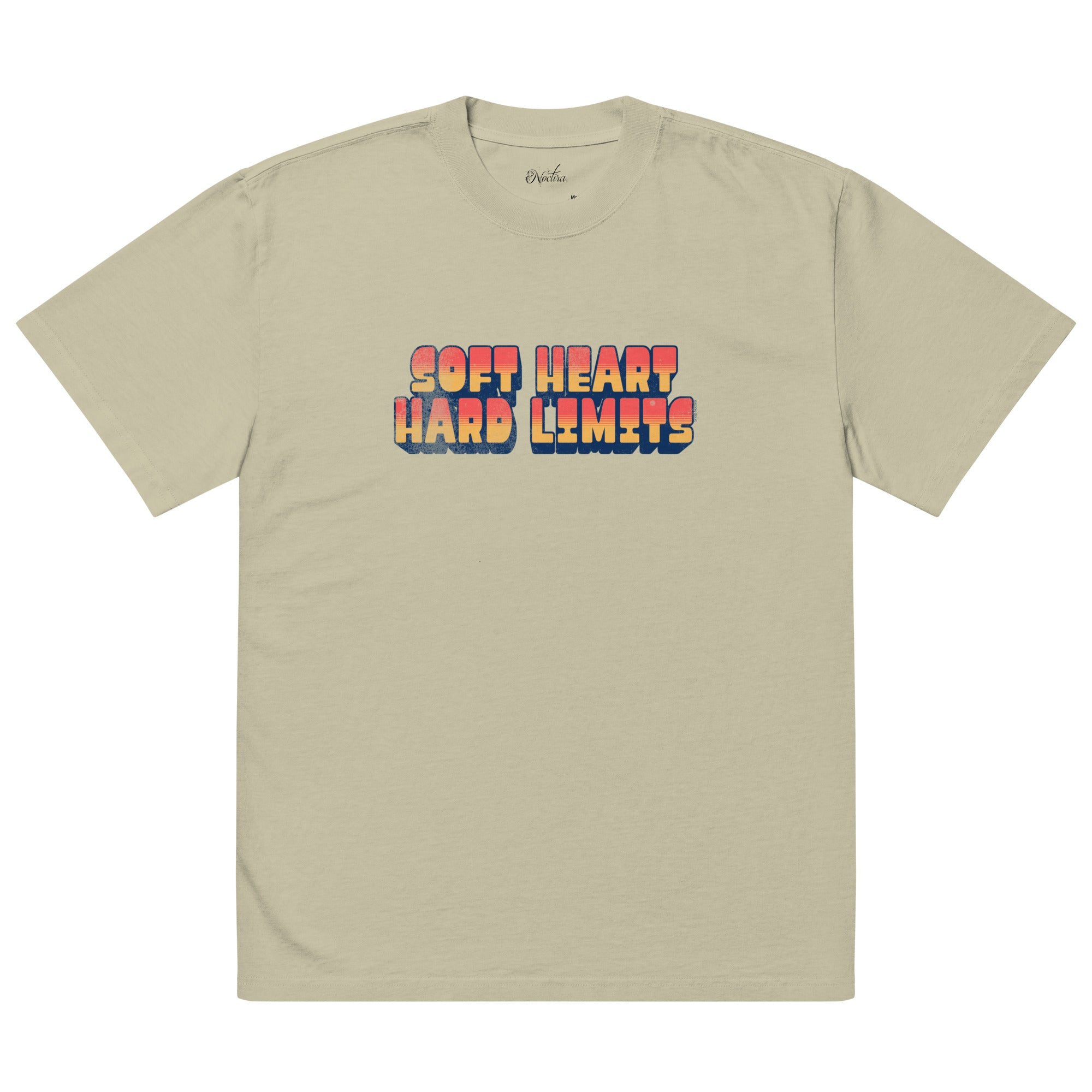 Beige t-shirt with colorful text 'SOFT HEART HARD LIMETS' on a white background