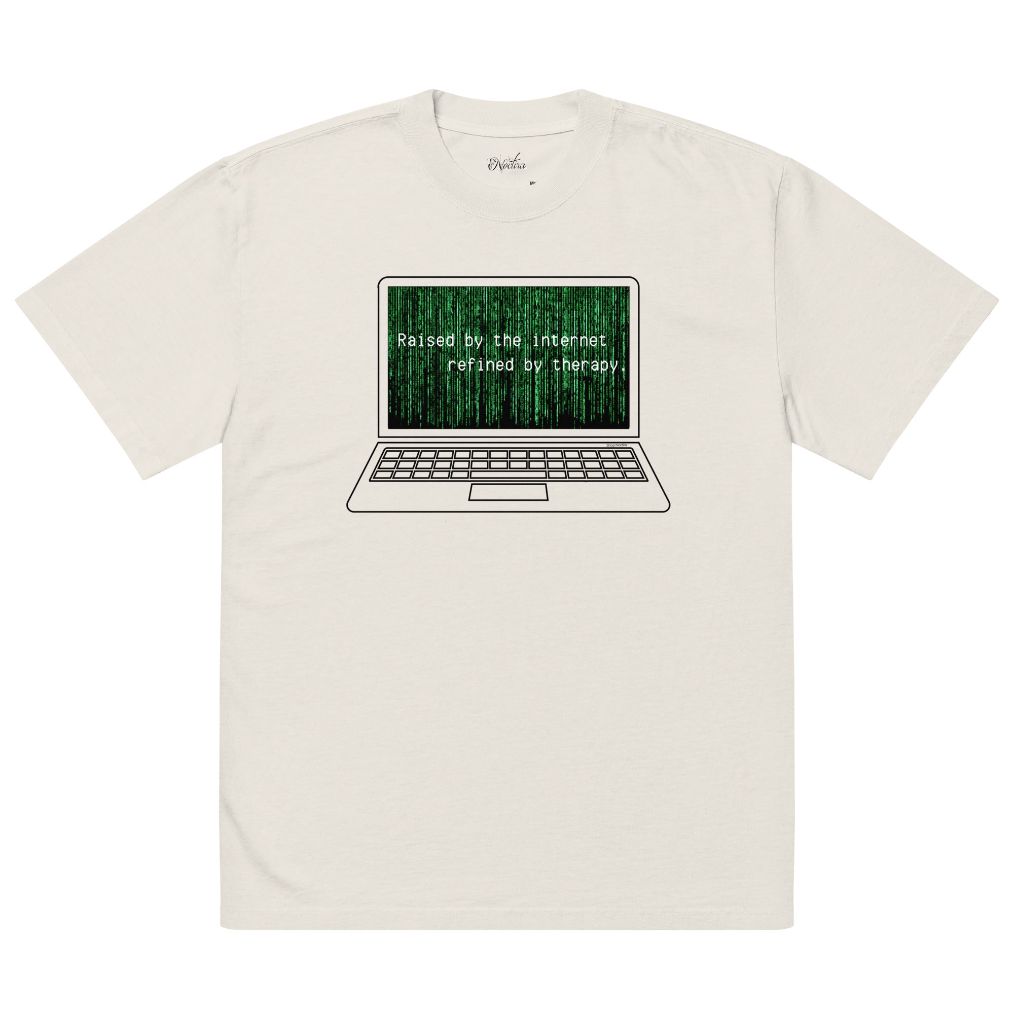 White t-shirt with a graphic of a laptop displaying text on a white background