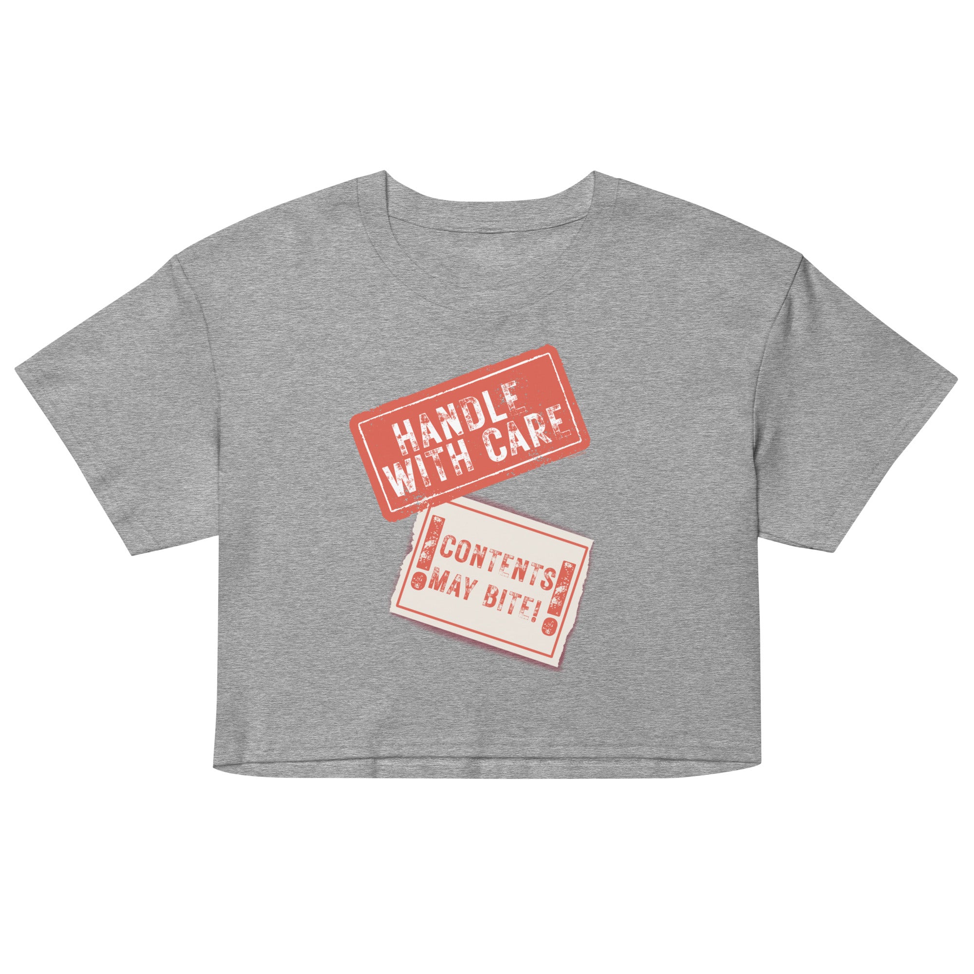 Gray crop top with red and white graphic text on a white background