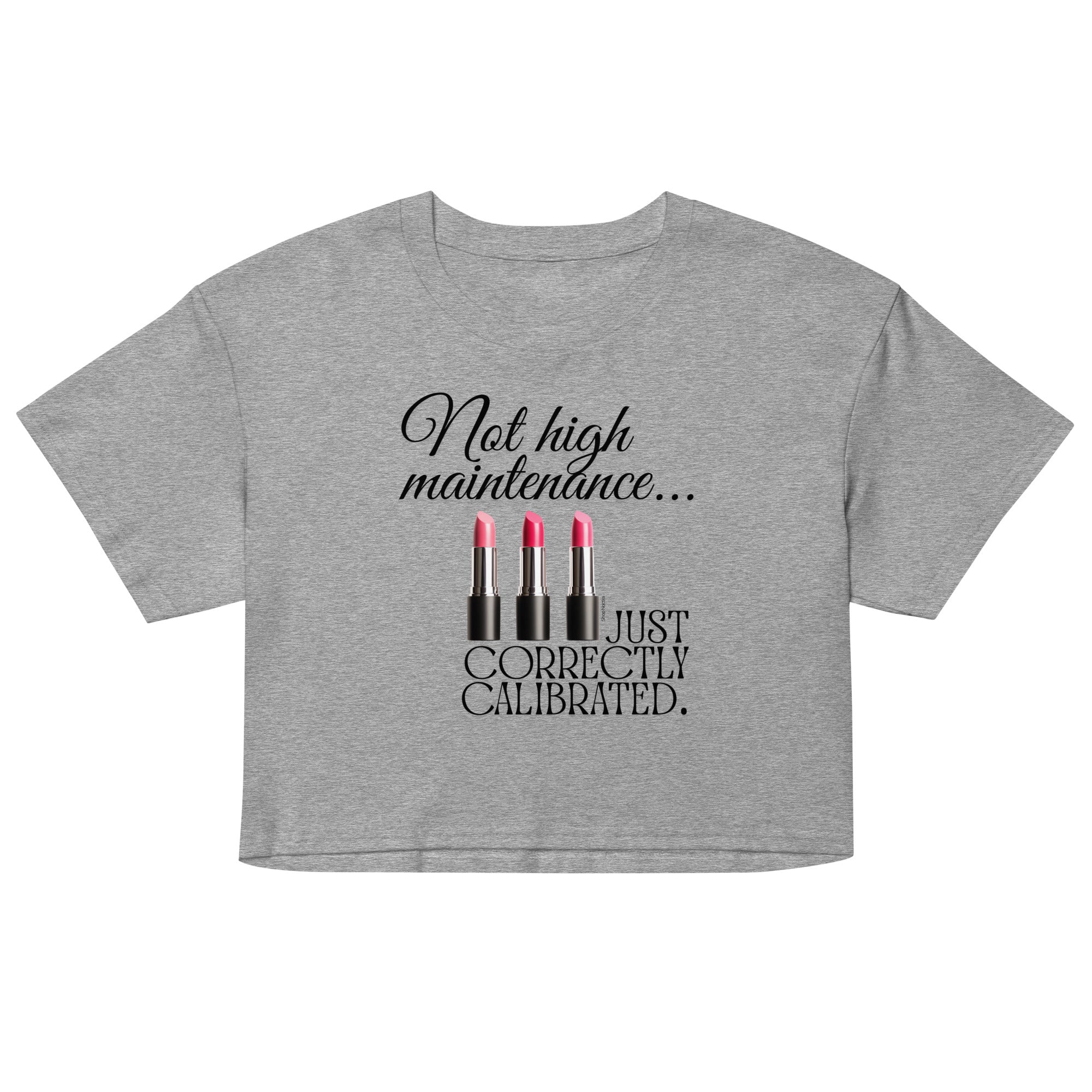 Gray crop top with black text and lipstick graphics on a white background