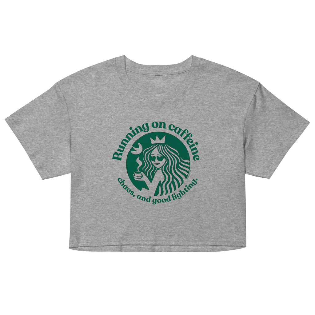 Gray crop top with logo and text on a white background