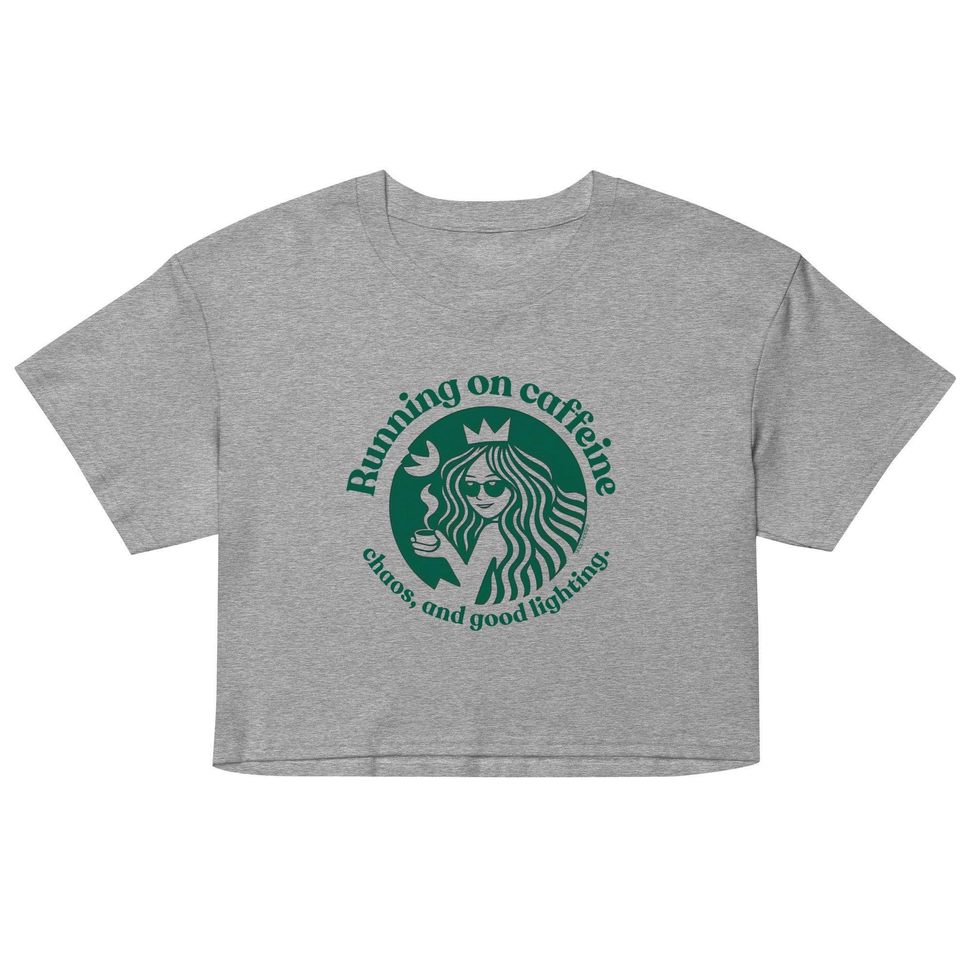 Gray crop top with logo and text on a white background