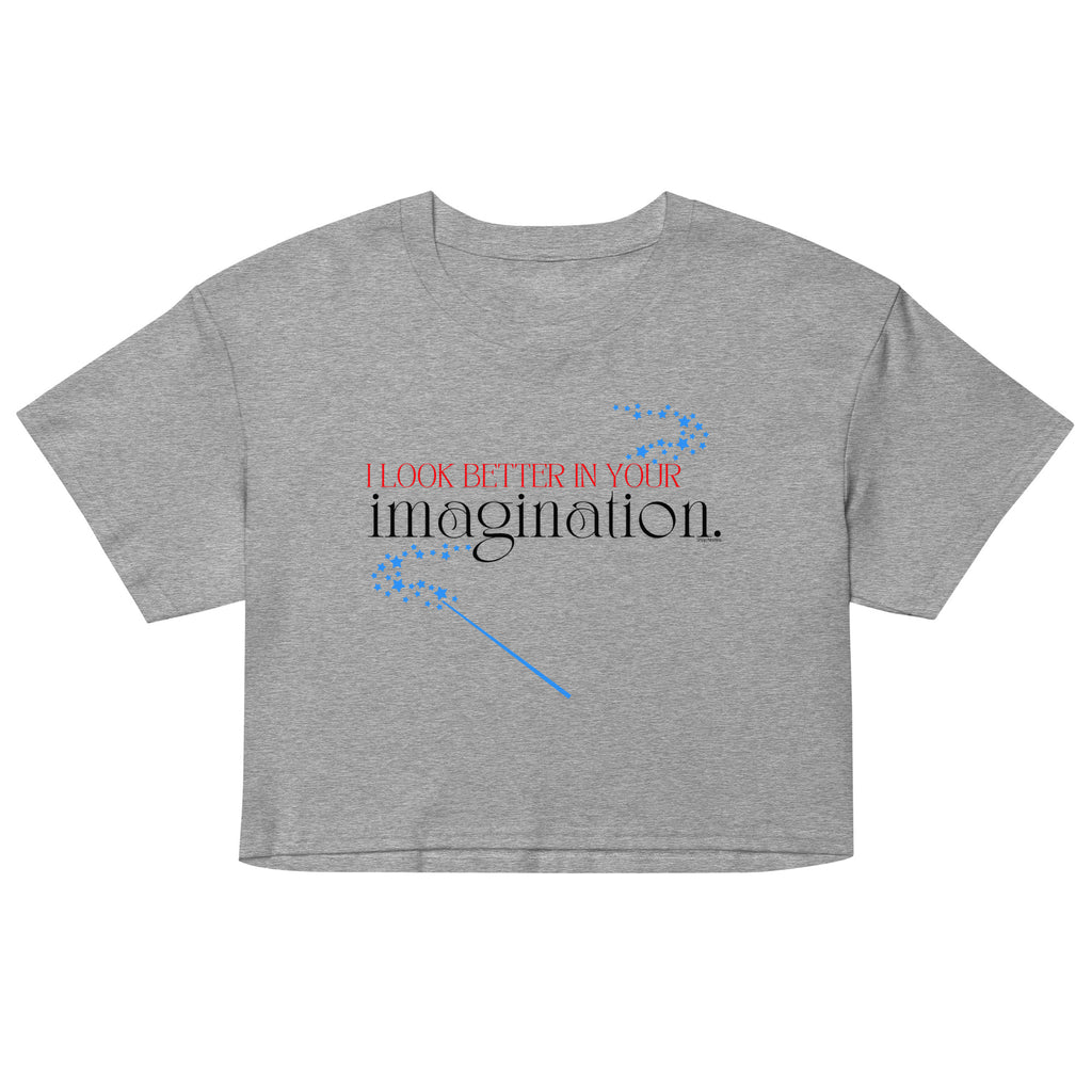 Gray crop top with text and blue design on a white background