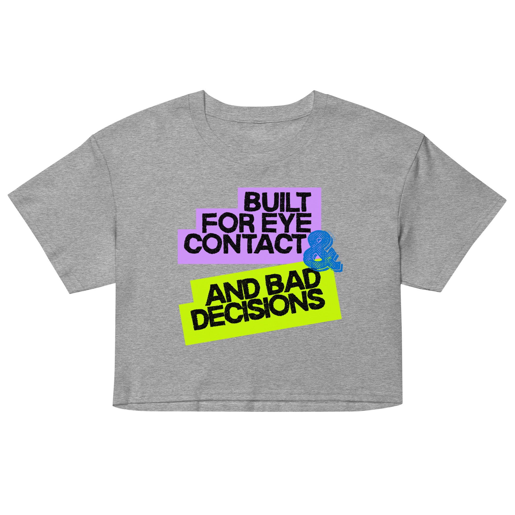 Gray crop top with colorful text design on a white background