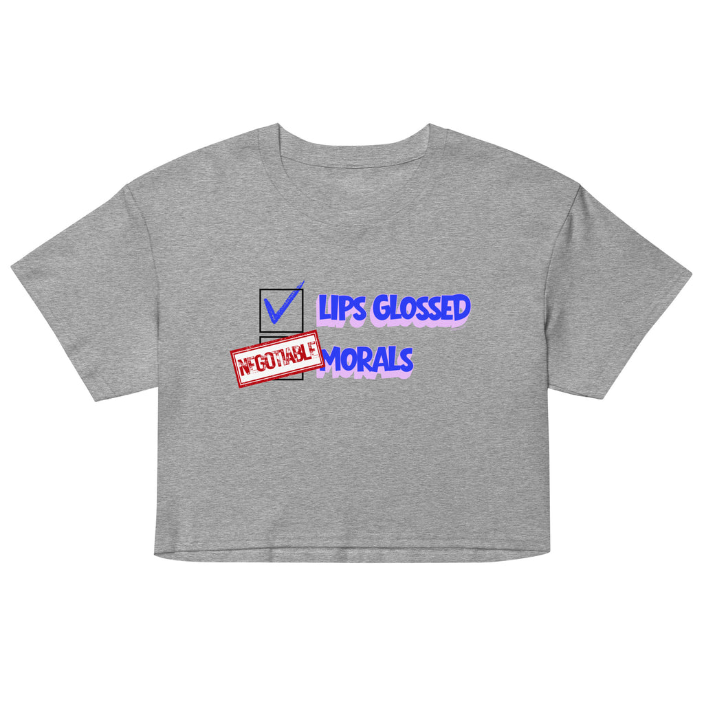 Gray crop top with graphic text design on a white background