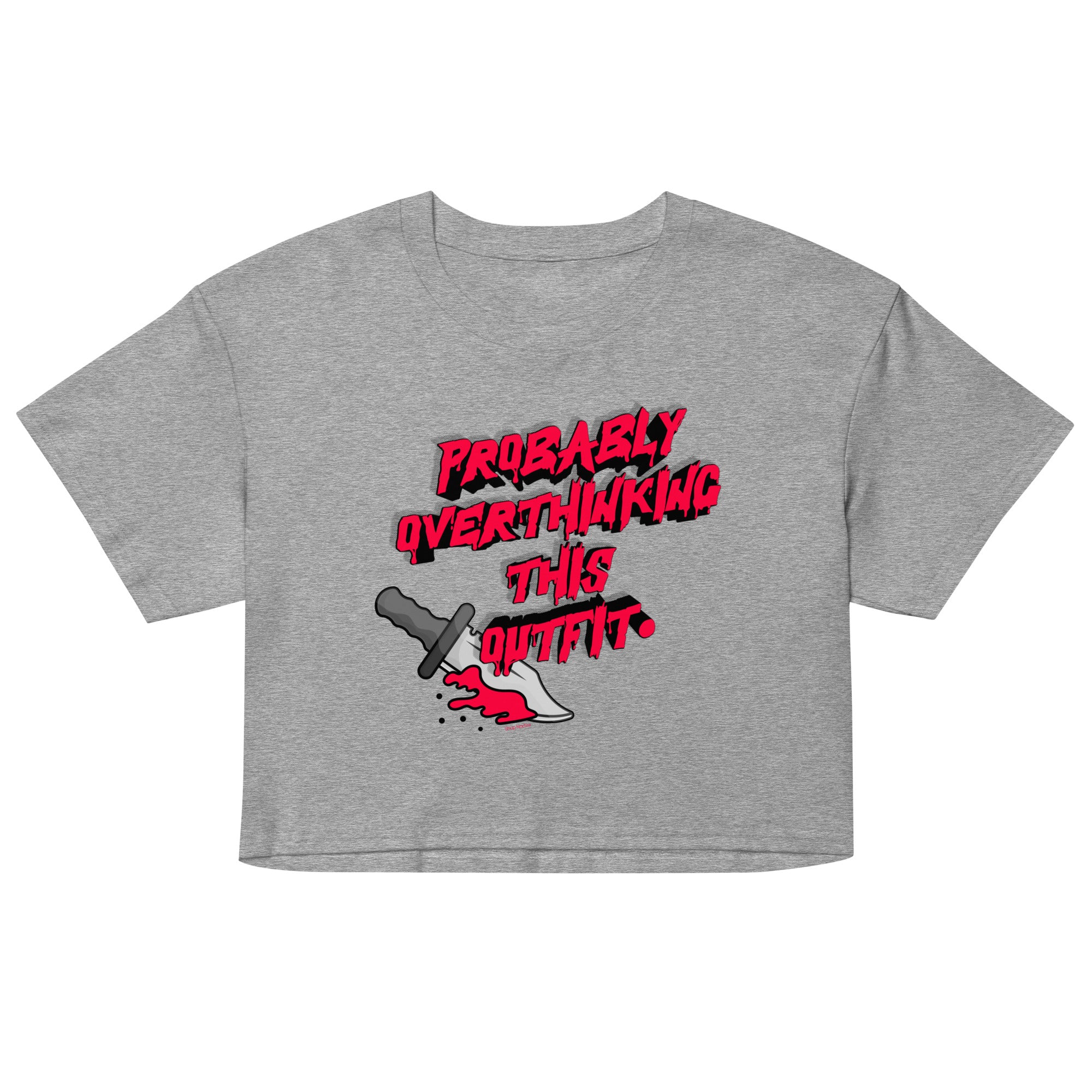 Gray crop top with red and black graphic design on a white background