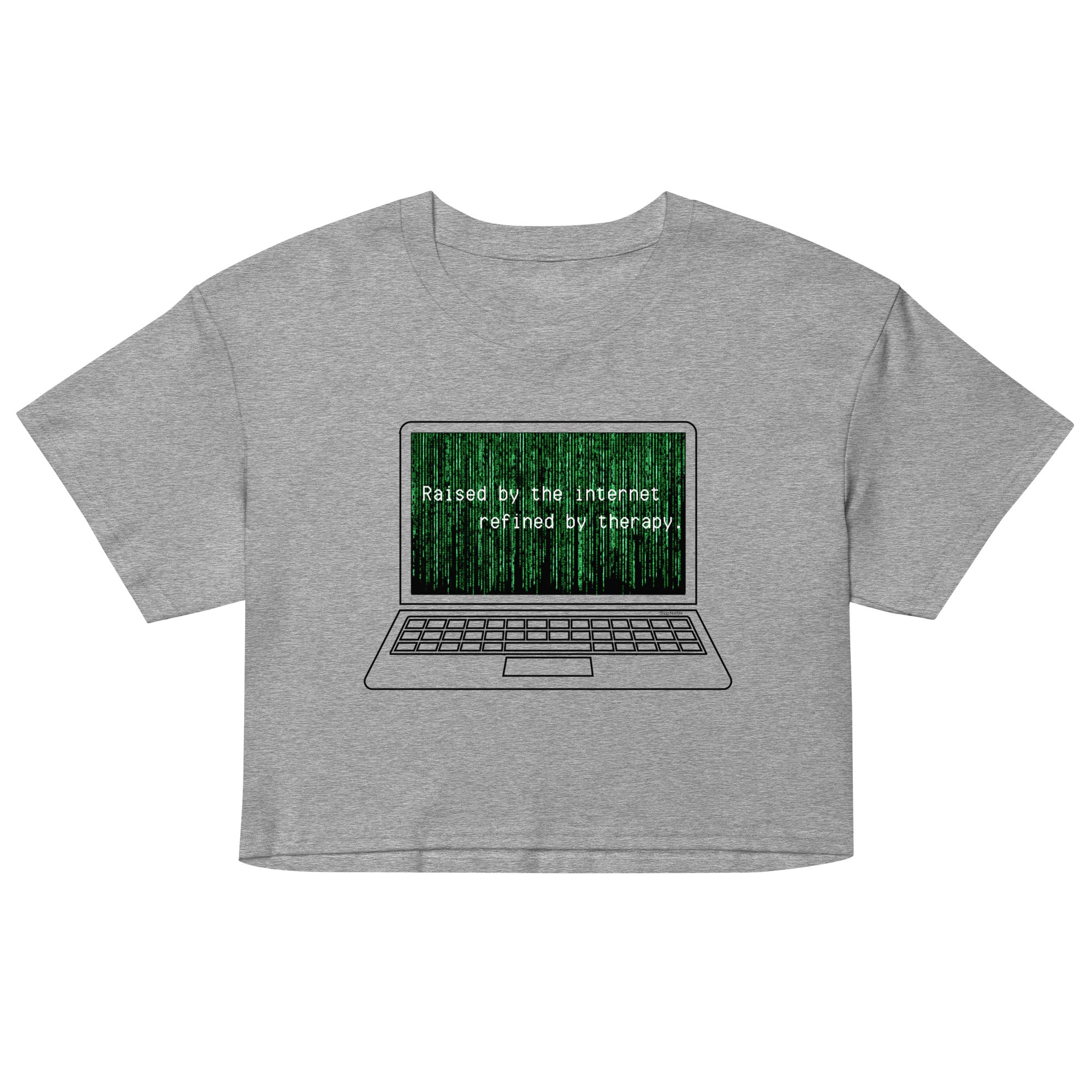 Gray crop top with a graphic of a laptop and text on a white background