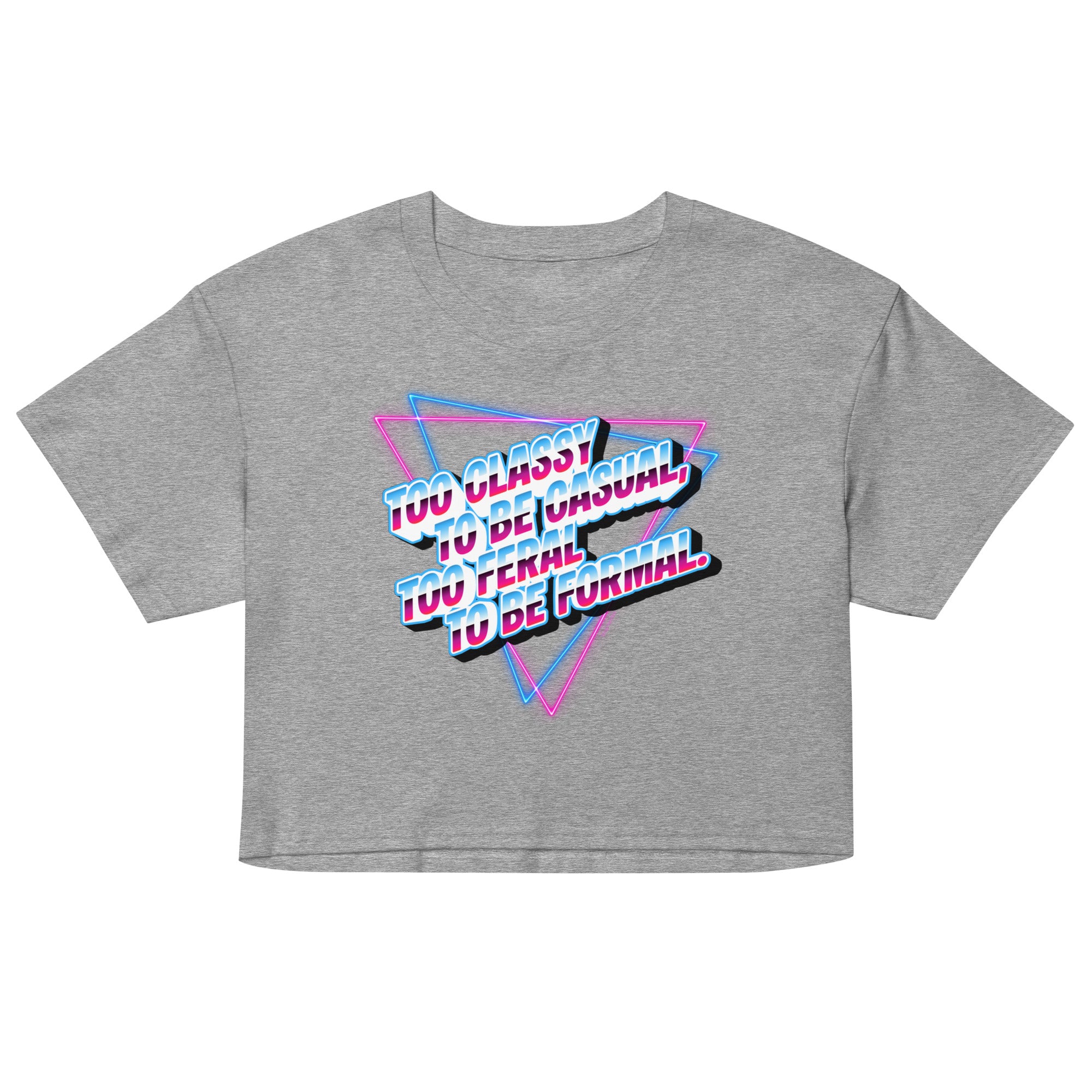 Gray crop top with colorful text design on a white background