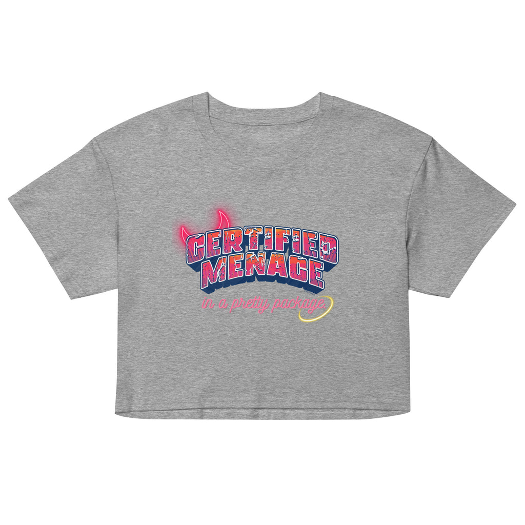 Gray crop top with colorful graphic text on a white background
