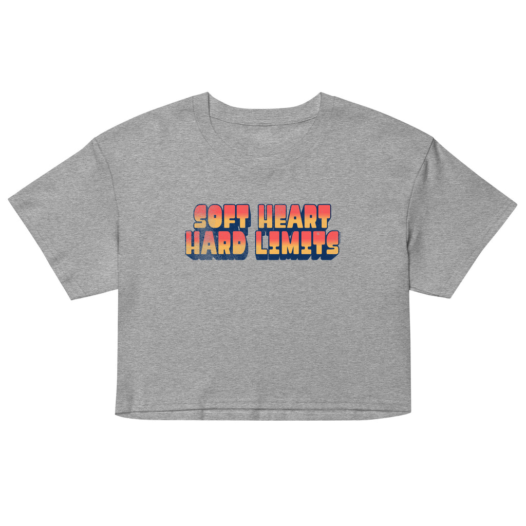Gray crop top with 'Soft Heart Hard Limits' text on a white background