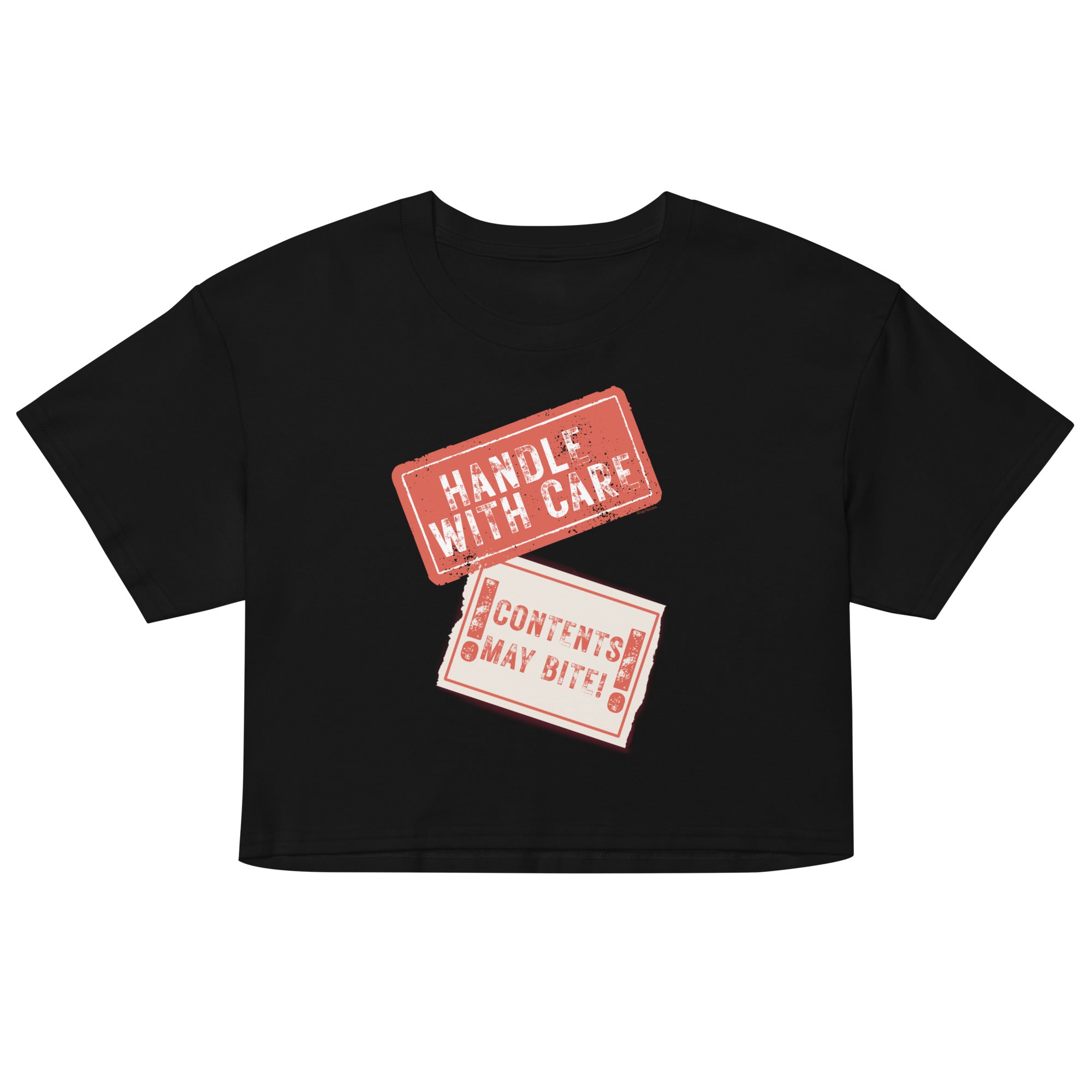 Black crop top with red and white text design on a white background