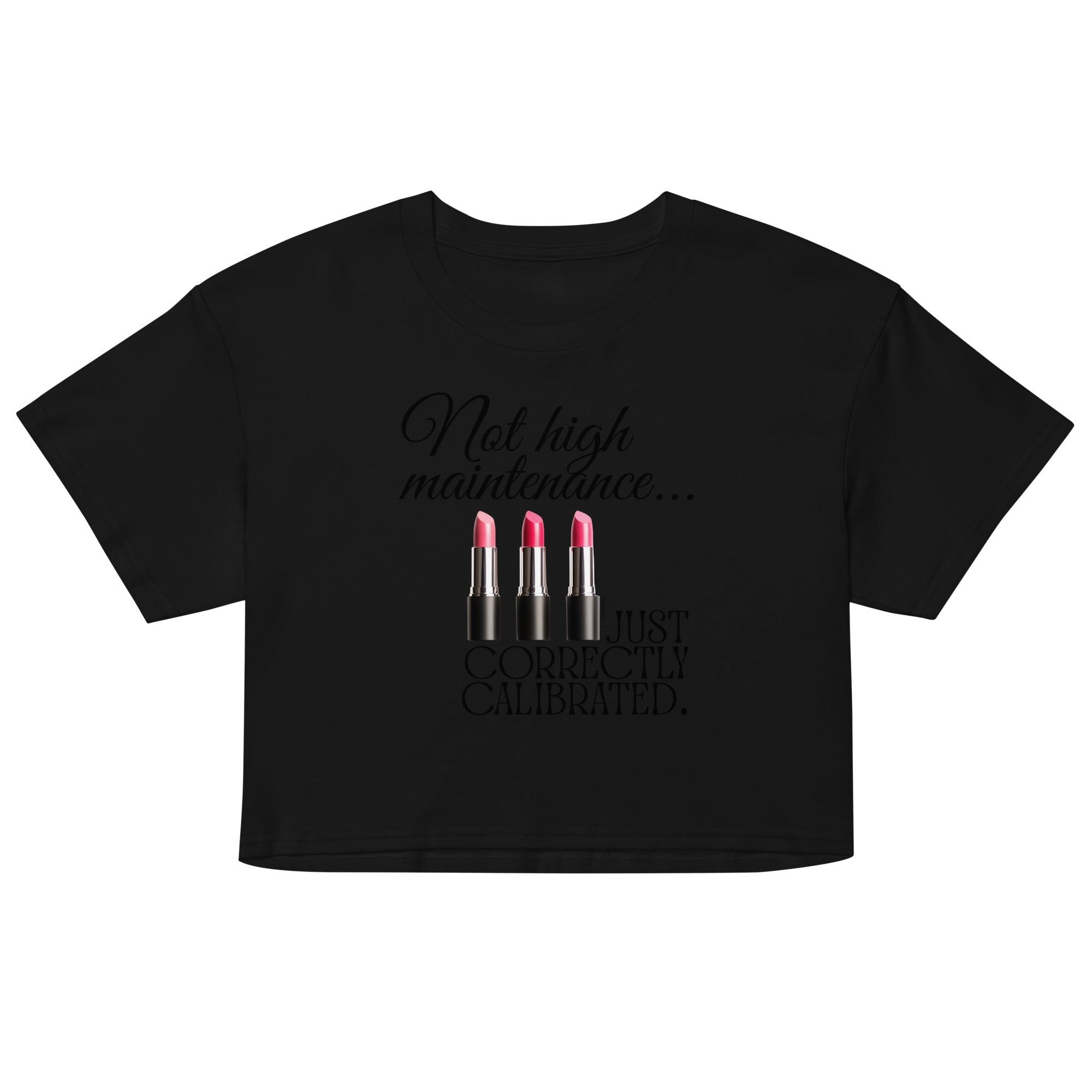 Black crop top with lipstick graphic and text on a white background