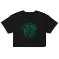 Black crop top with green graphic and text on a white background