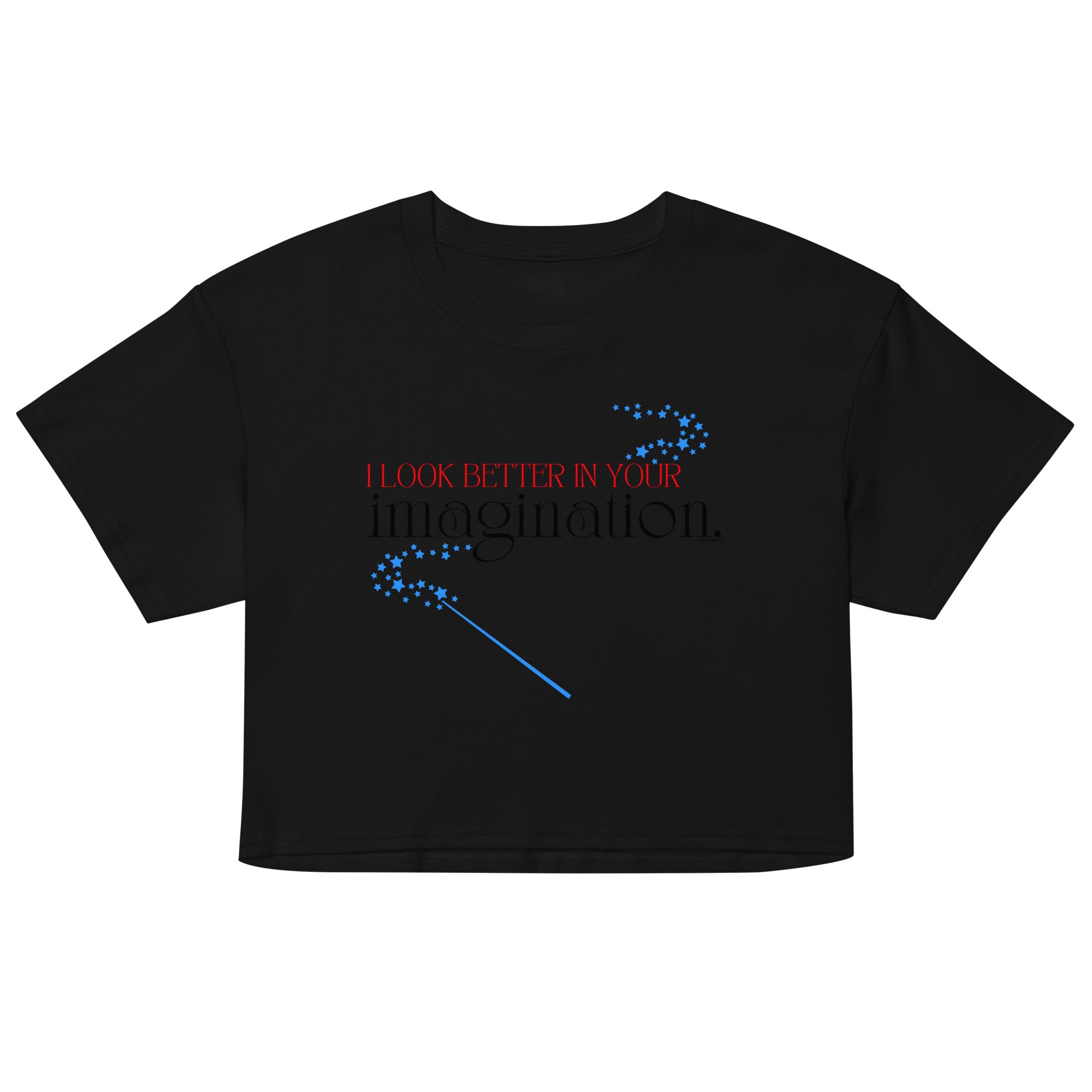 Black crop top with text and blue wand design on a white background