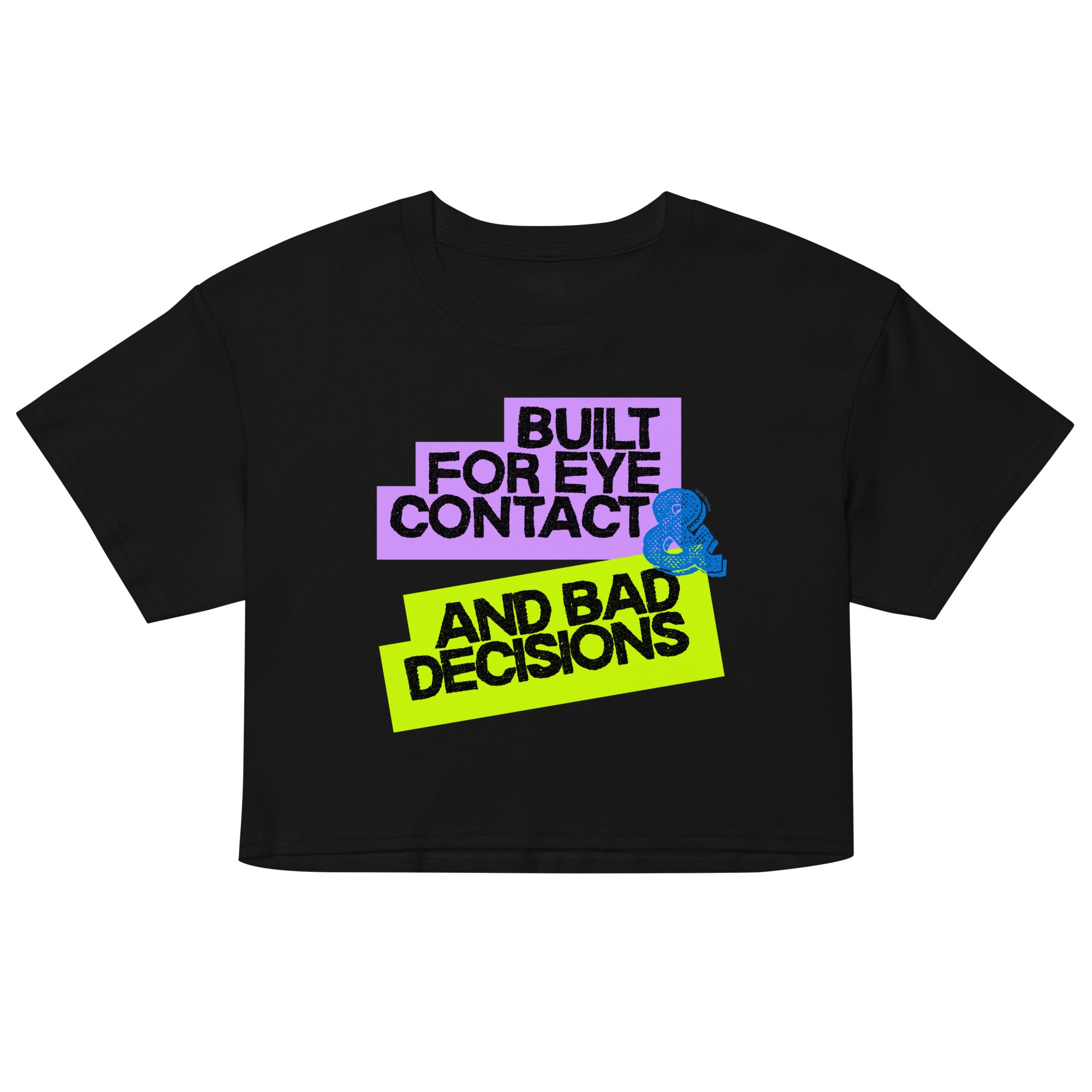 Black t-shirt with colorful text and graphic on a white background