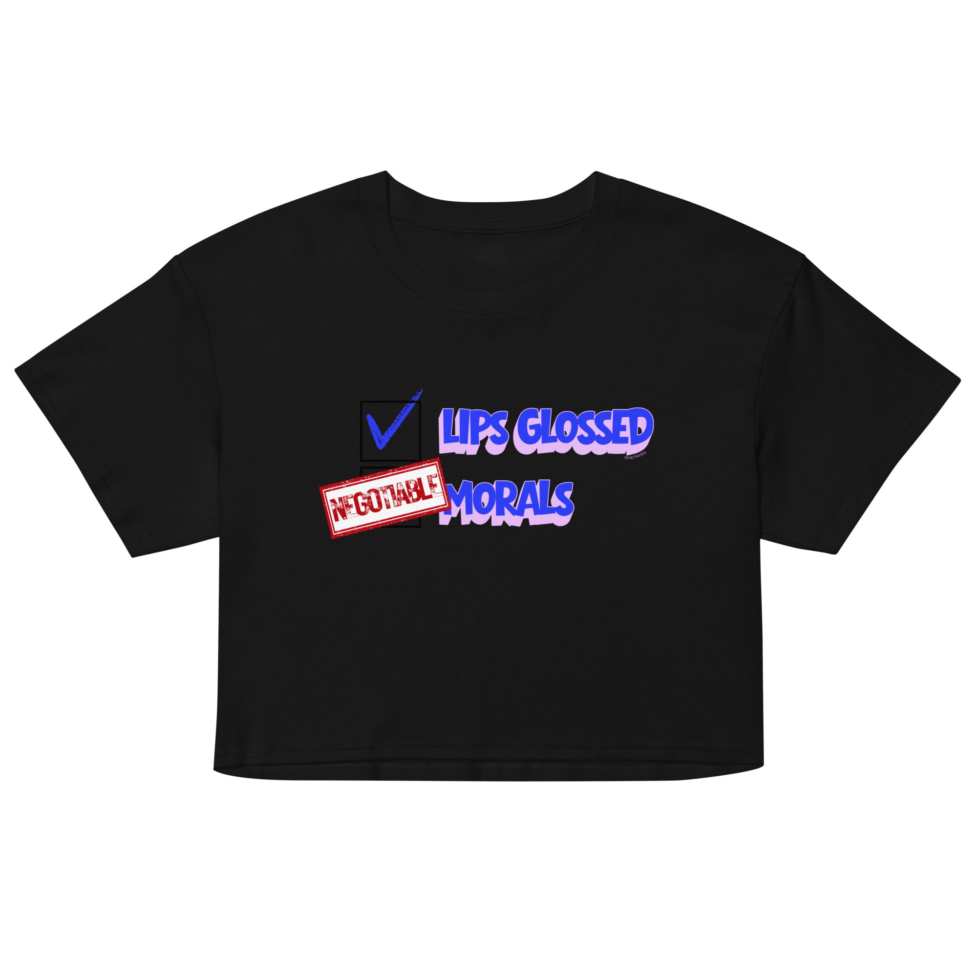 Black crop top with colorful text design on a white background