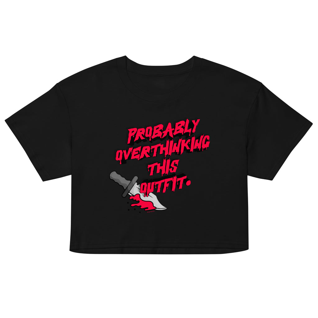 Black crop top with red text and graphic on a white background