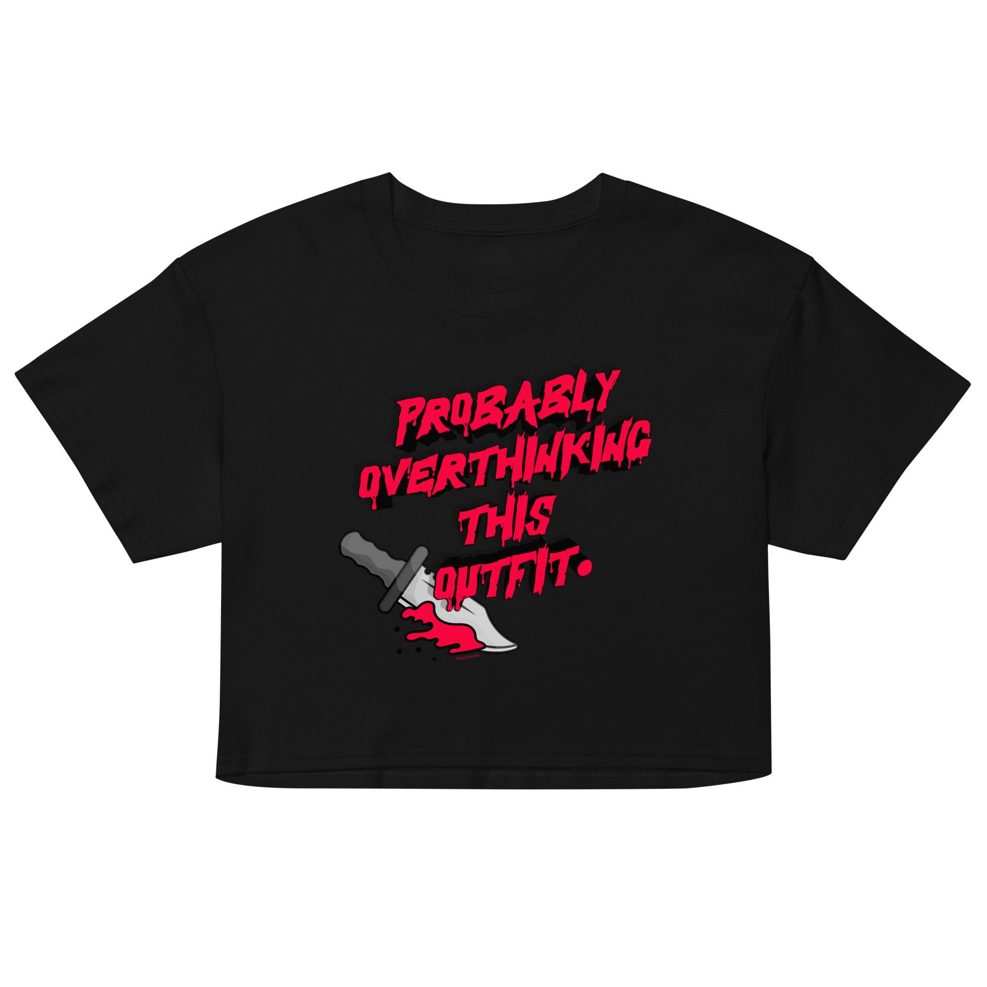 Black crop top with red text and graphic on a white background