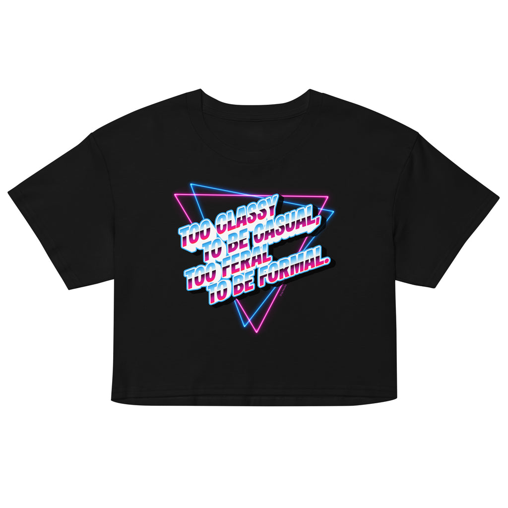 Black crop top with white text on a white background