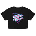 Black crop top with white text on a white background
