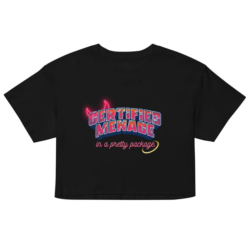 Black crop top with colorful text design on a white background
