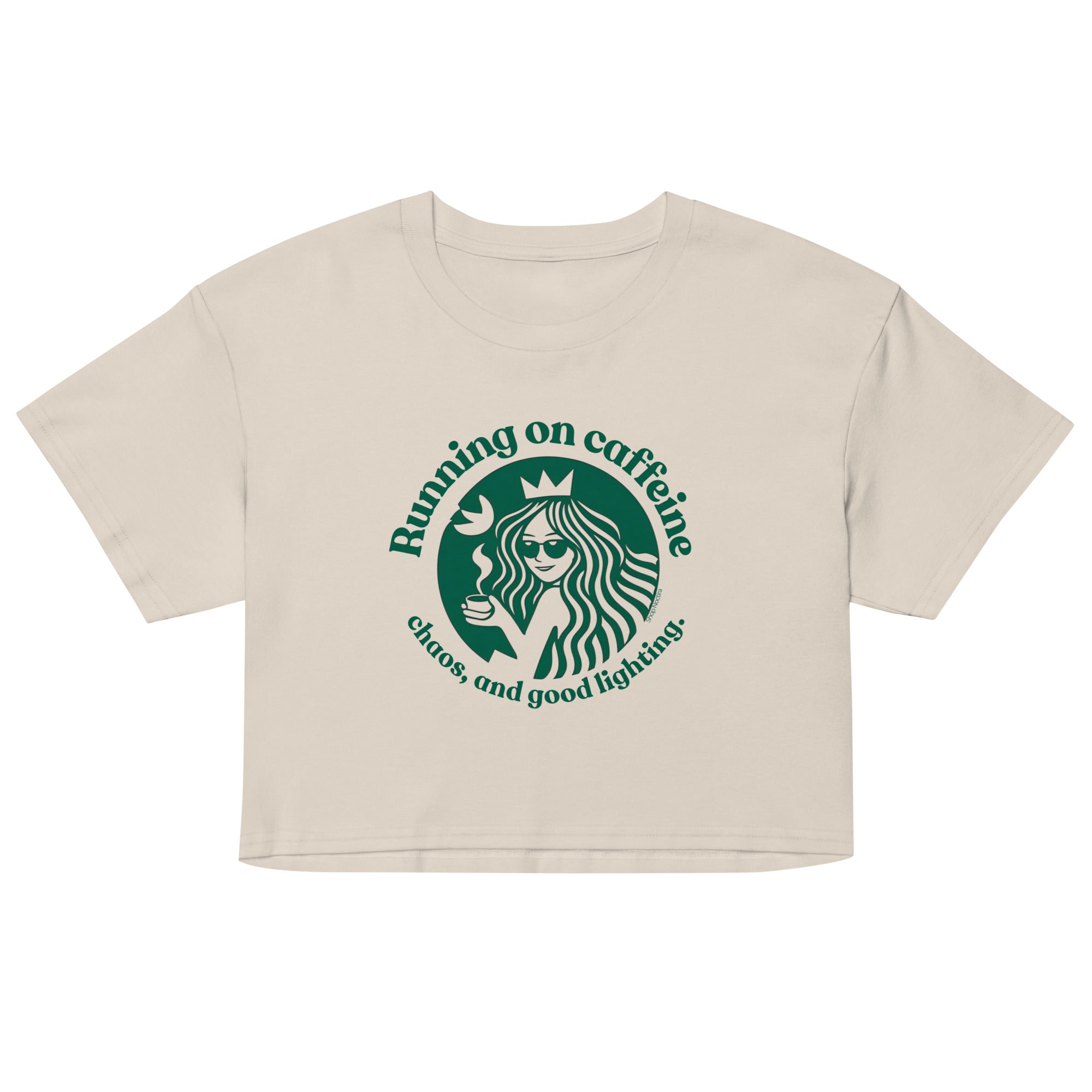 Beige crop top with logo and text on a white background