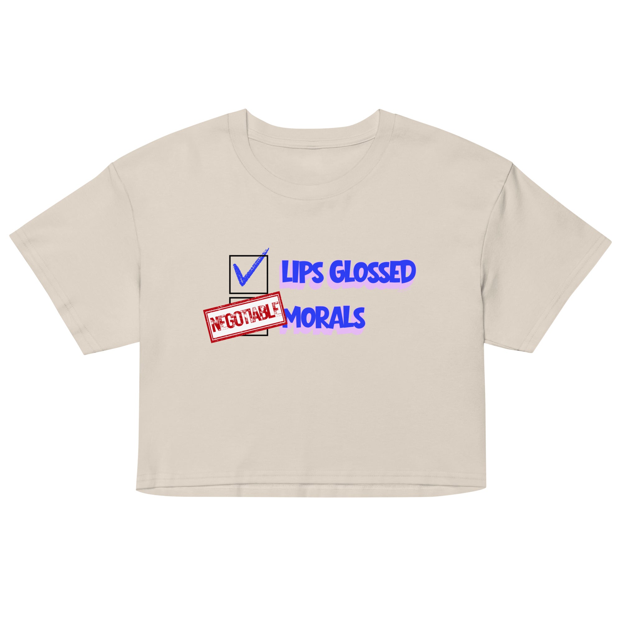 Beige crop top with graphic text design on a white background